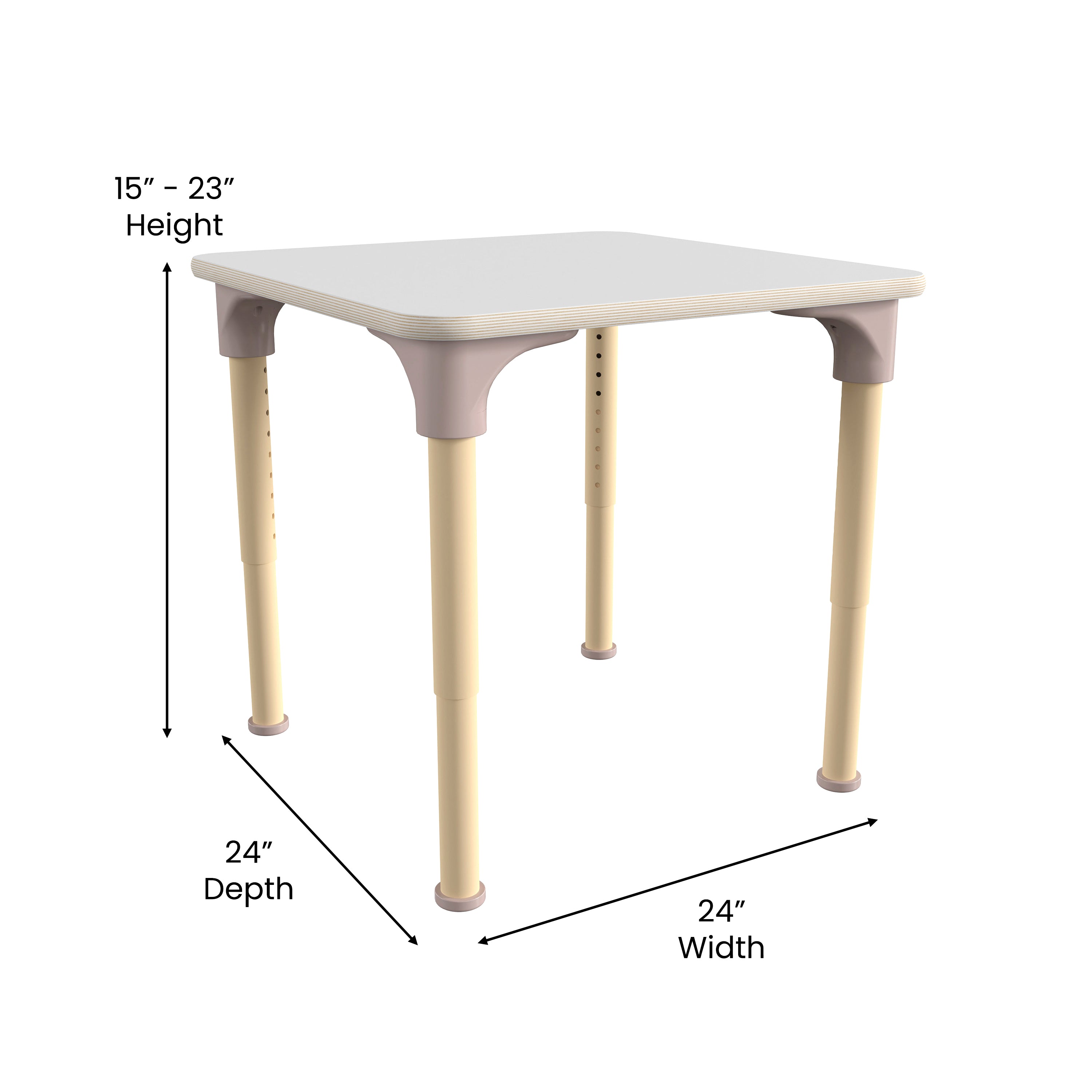 Bright Beginnings 24" Square Commercial Grade Wooden Adjustable Height Classroom Activity Table - Metal Legs Adjust From 15"H - 23"H, Beech/White