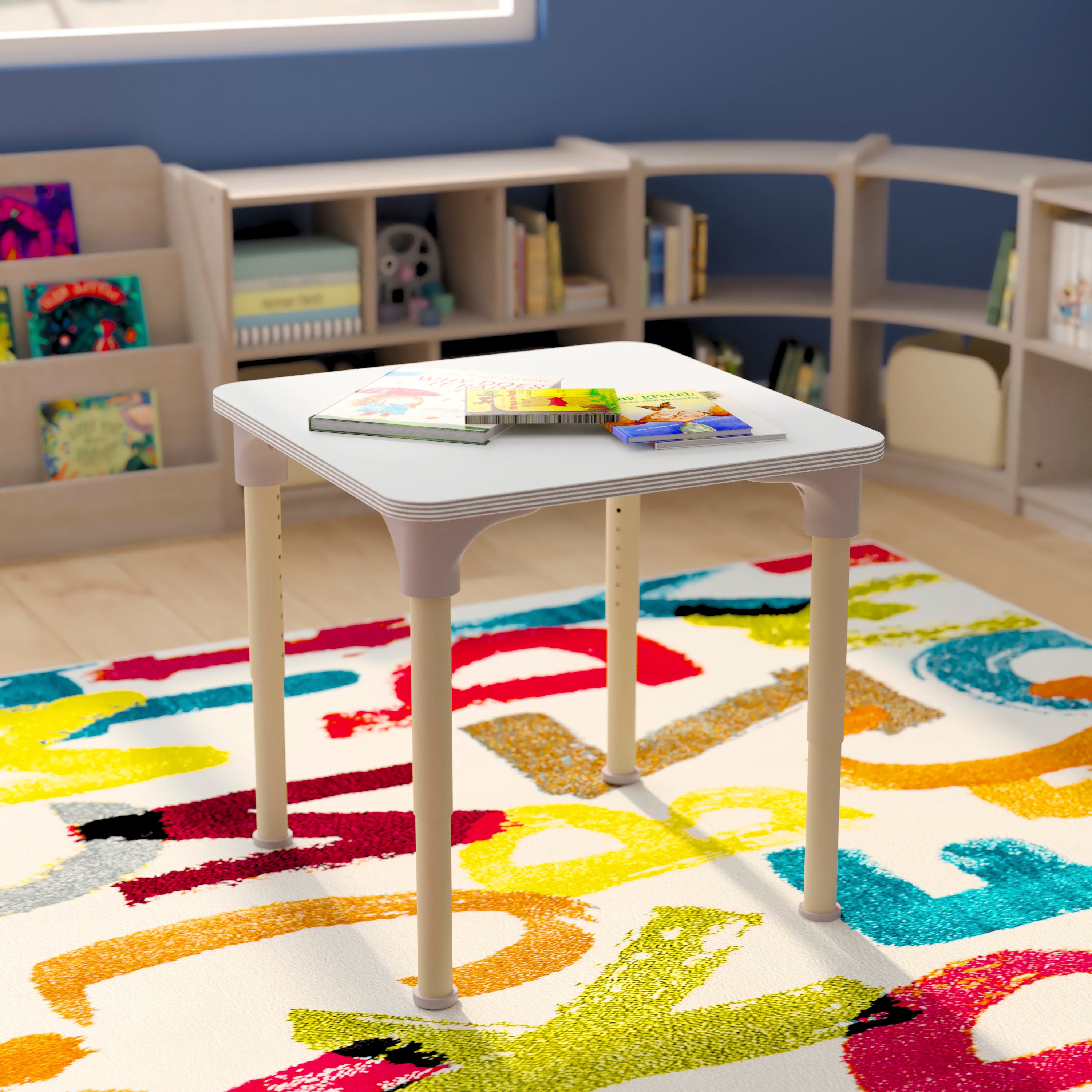 Bright Beginnings 24" Square Commercial Grade Wooden Adjustable Height Classroom Activity Table - Metal Legs Adjust From 15"H - 23"H, Beech/White
