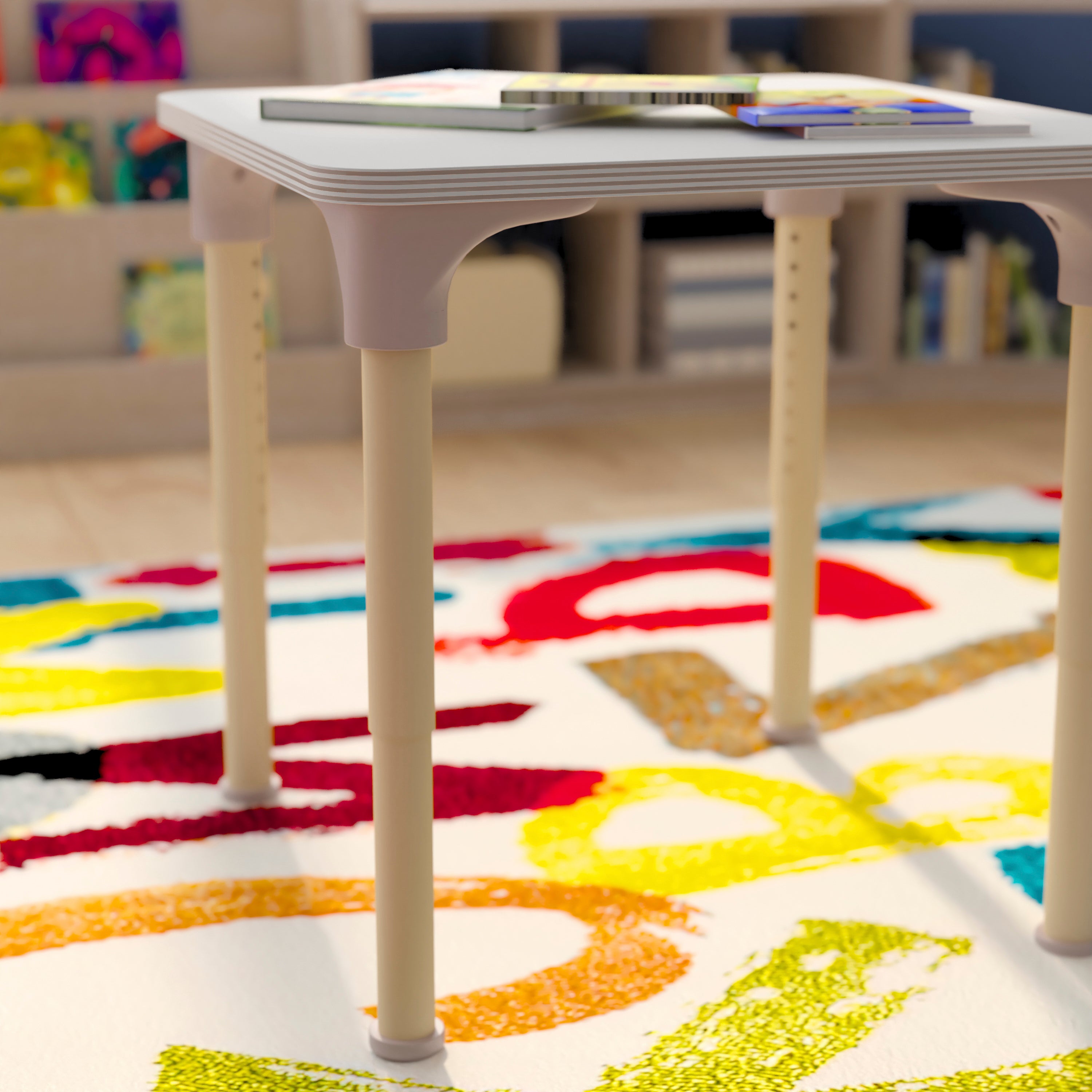 Bright Beginnings 24" Square Commercial Grade Wooden Adjustable Height Classroom Activity Table - Metal Legs Adjust From 15"H - 23"H, Beech/White