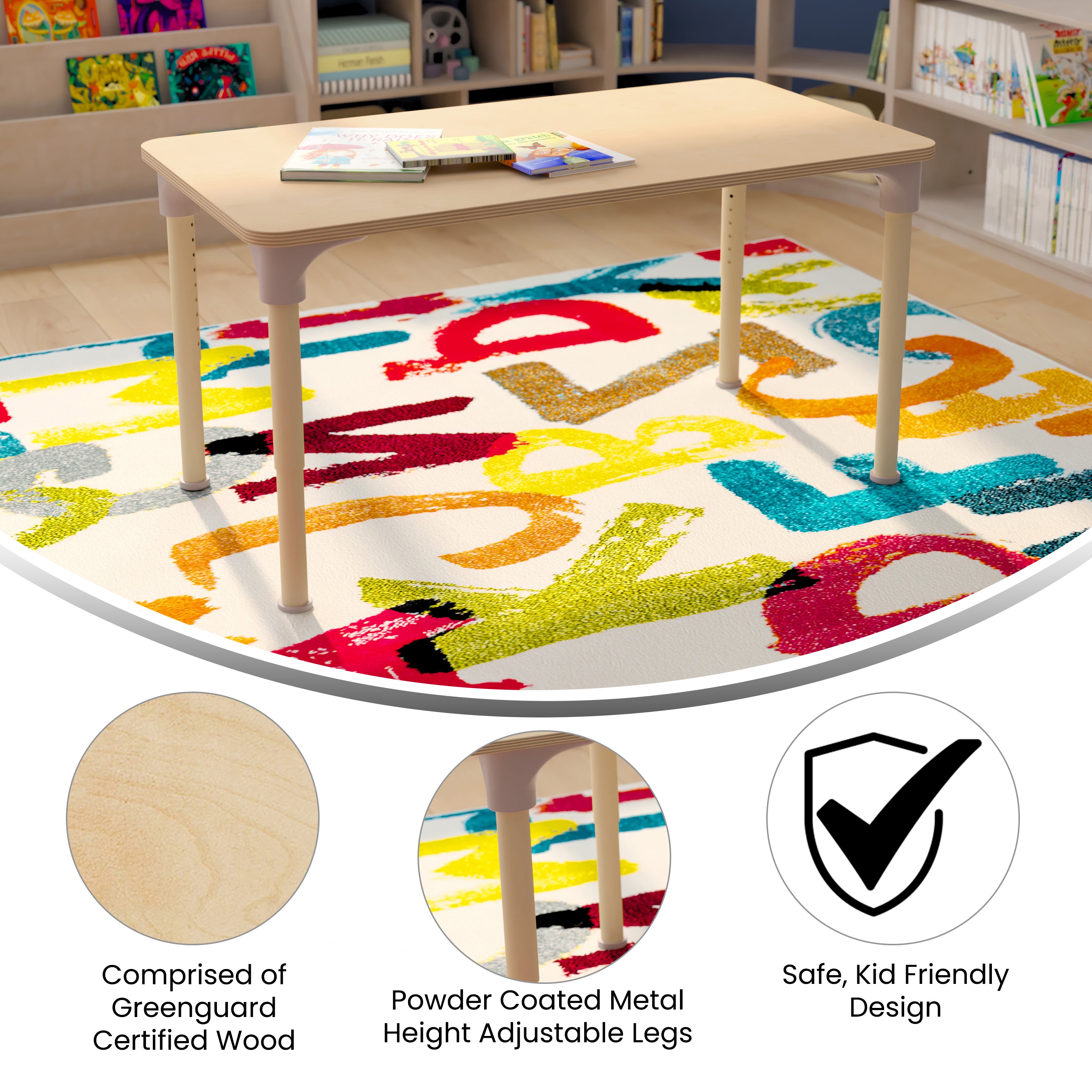 Bright Beginnings 23.5" x 47" Commercial Grade Wooden Rectangle Adjustable Height Classroom Activity Table - Metal Legs Adjust From 15"H - 23"H, Beech