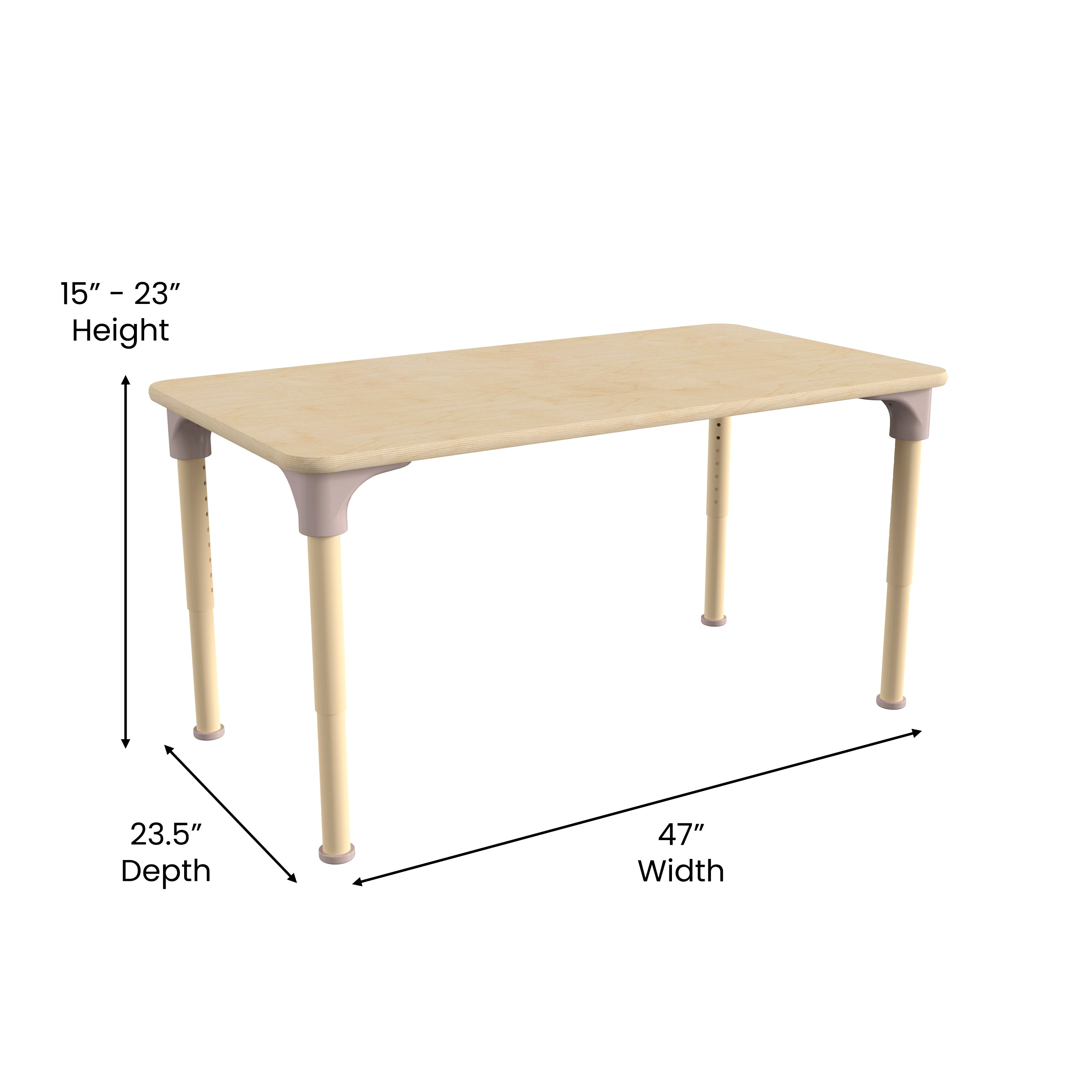 Bright Beginnings 23.5" x 47" Commercial Grade Wooden Rectangle Adjustable Height Classroom Activity Table - Metal Legs Adjust From 15"H - 23"H, Beech