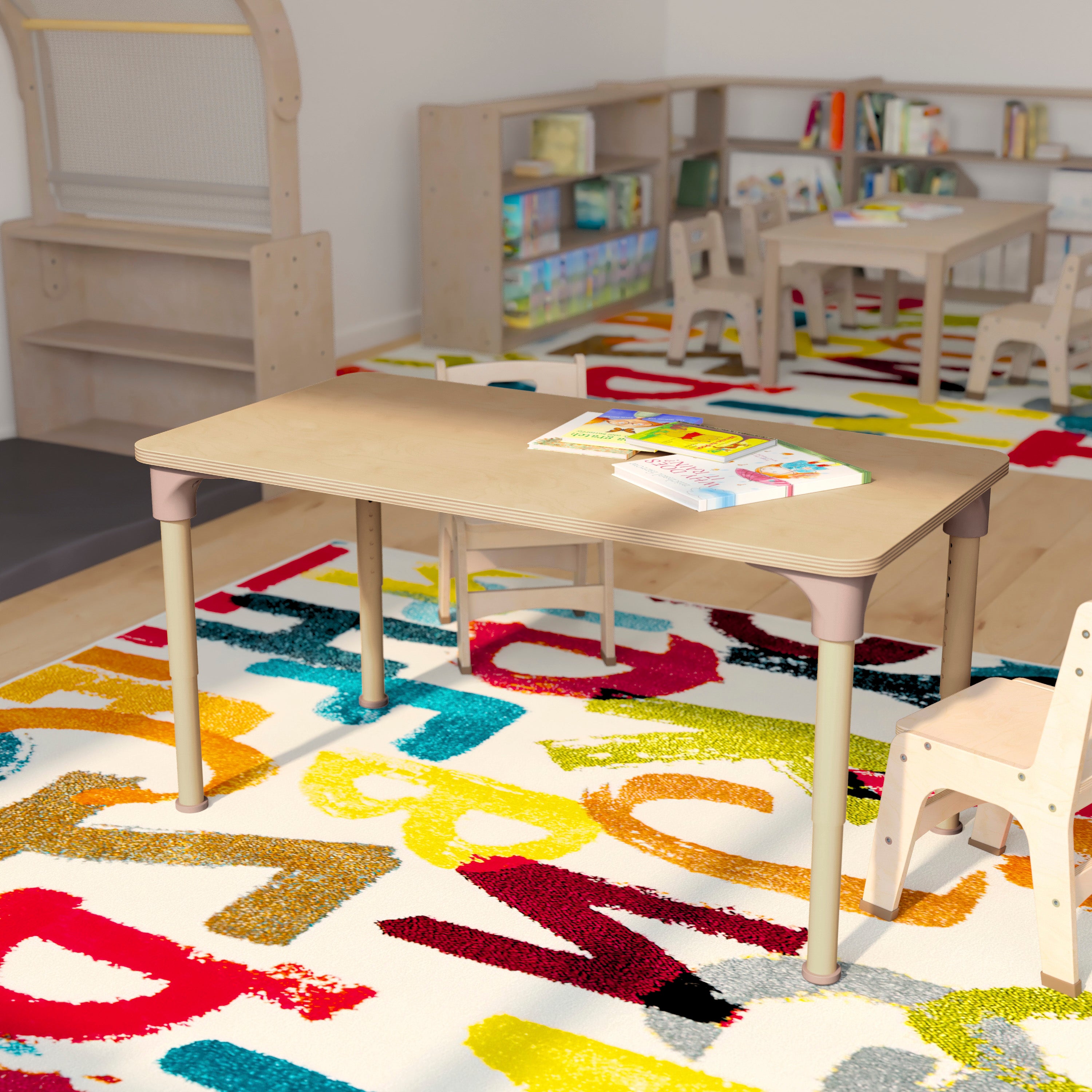 Bright Beginnings 23.5" x 47" Commercial Grade Wooden Rectangle Adjustable Height Classroom Activity Table - Metal Legs Adjust From 15"H - 23"H, Beech
