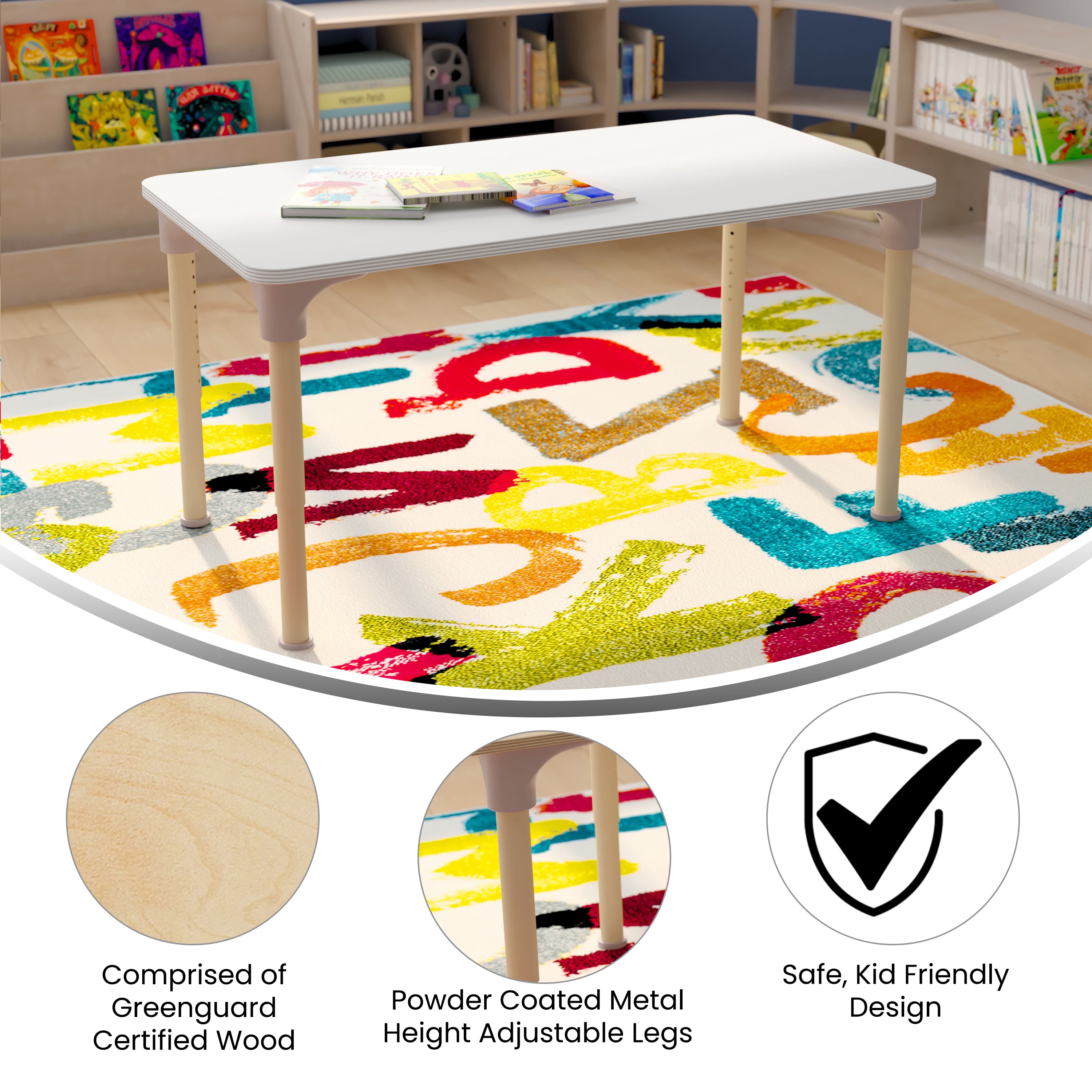 Bright Beginnings 23.5" x 47" Commercial Wooden Rectangle Adjustable Height Classroom Activity Table - Metal Legs Adjust From 15"H - 23"H, Beech/White