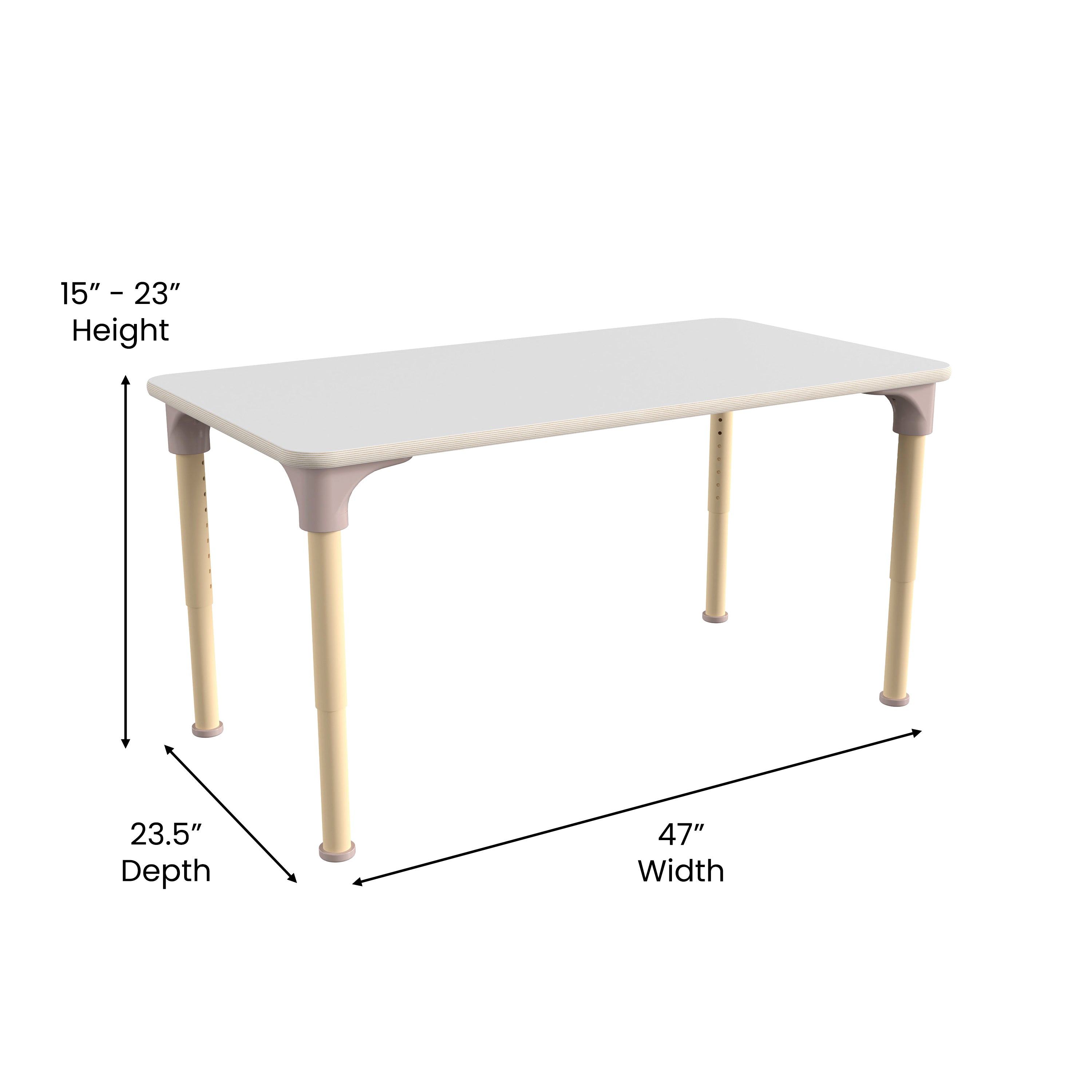 Bright Beginnings 23.5" x 47" Commercial Wooden Rectangle Adjustable Height Classroom Activity Table - Metal Legs Adjust From 15"H - 23"H, Beech/White