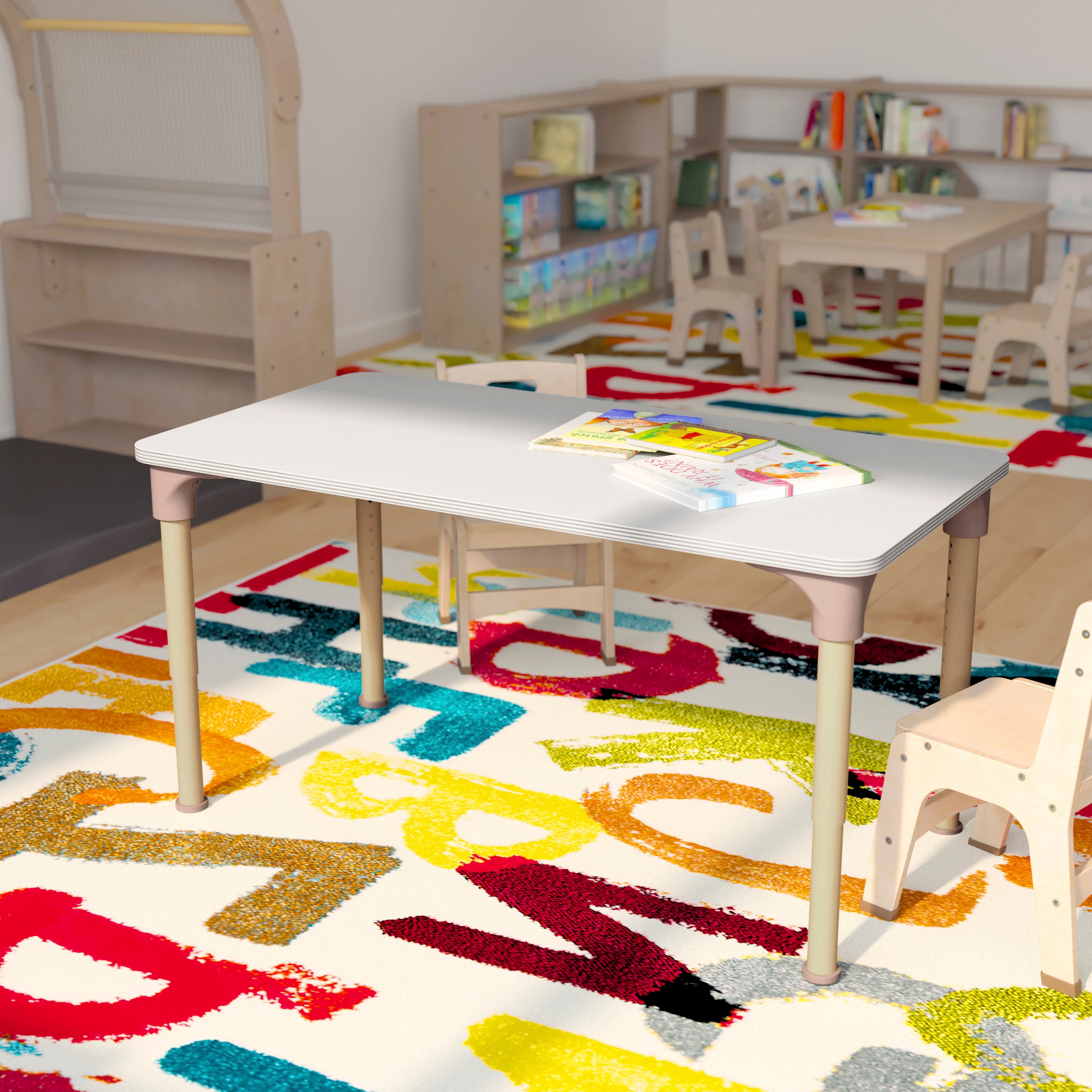 Bright Beginnings 23.5" x 47" Commercial Wooden Rectangle Adjustable Height Classroom Activity Table - Metal Legs Adjust From 15"H - 23"H, Beech/White