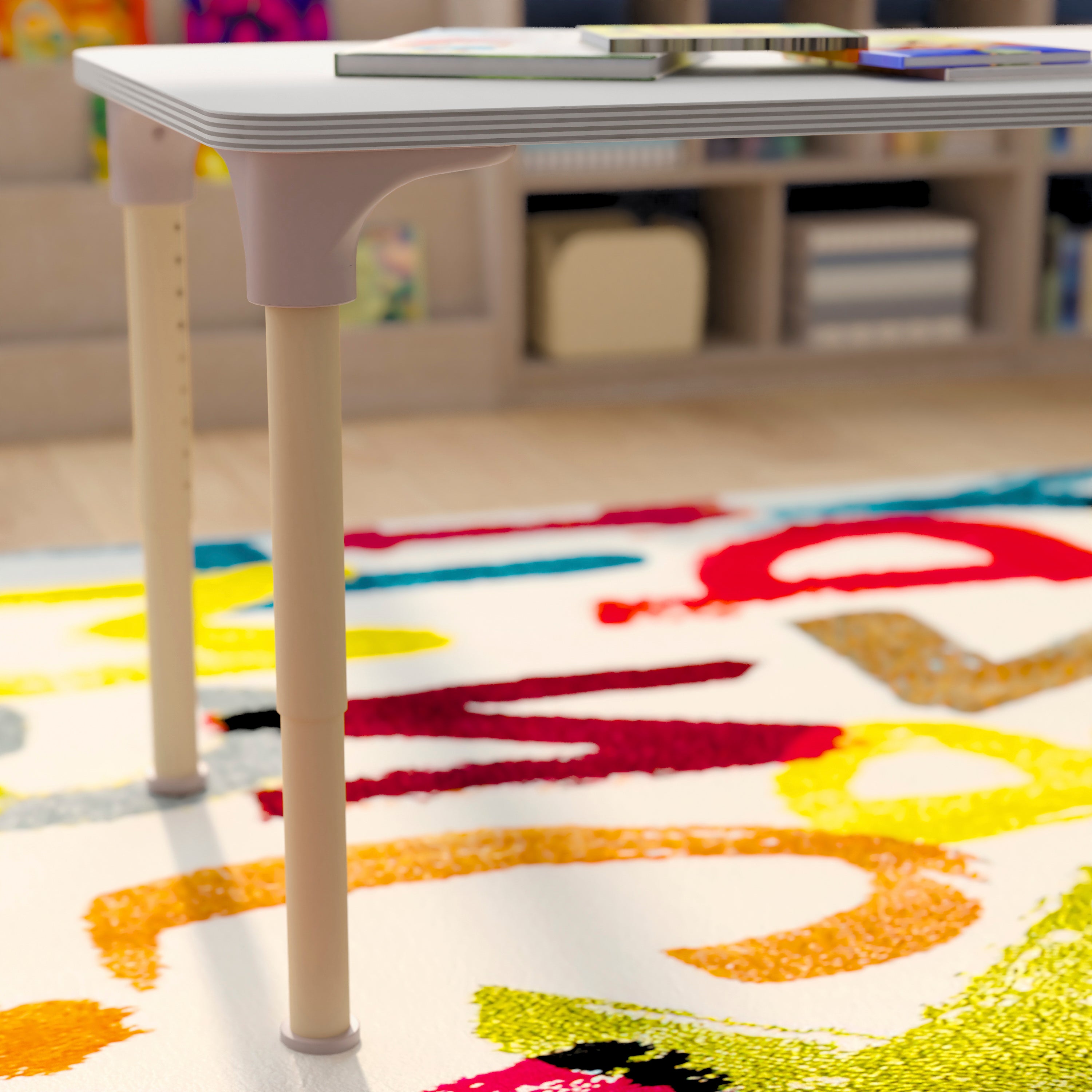 Bright Beginnings 23.5" x 47" Commercial Wooden Rectangle Adjustable Height Classroom Activity Table - Metal Legs Adjust From 15"H - 23"H, Beech/White