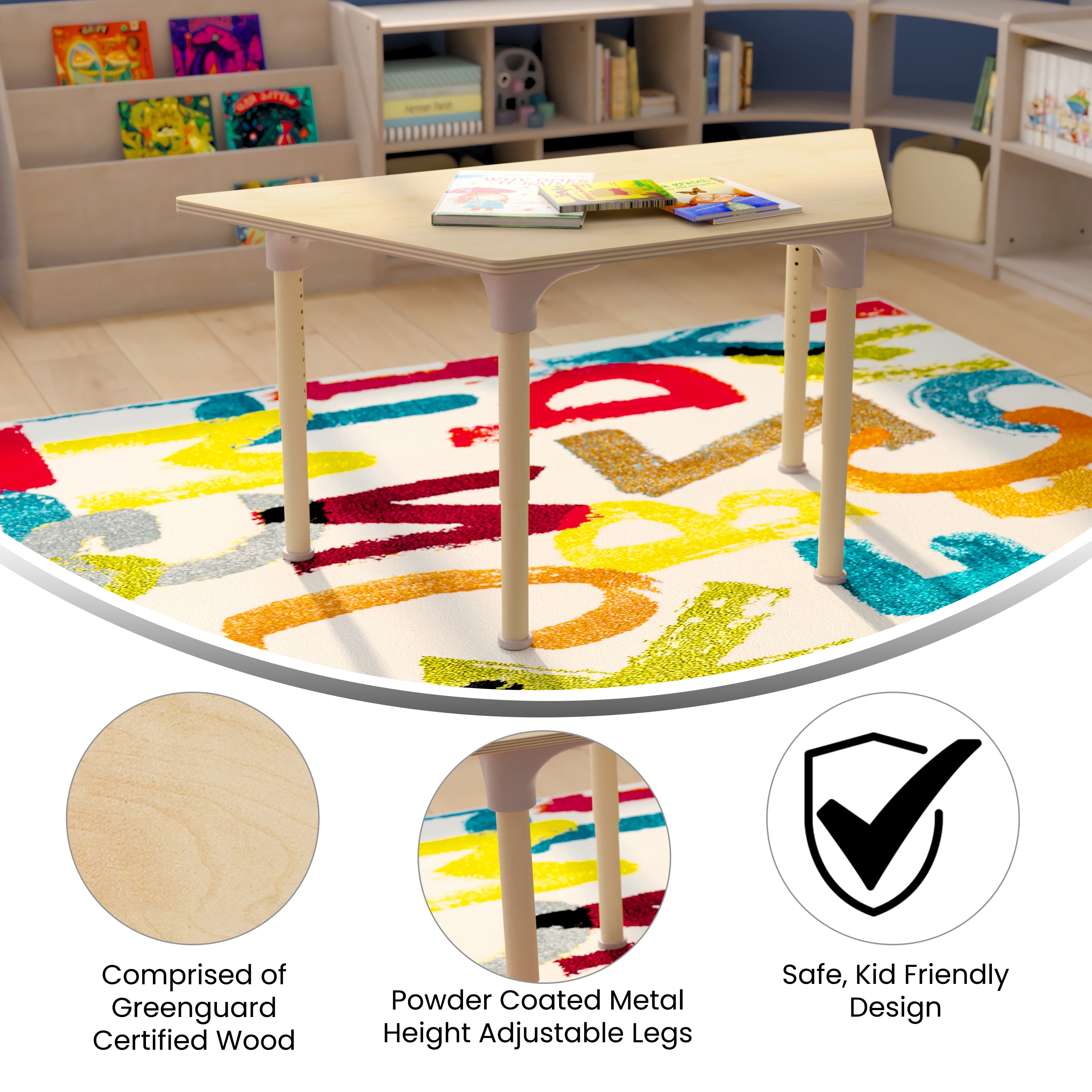 Bright Beginnings 47" Commercial Grade Wooden Trapezoid Adjustable Height Classroom Activity Table - Metal Legs Adjust From 15"H - 23"H, Beech