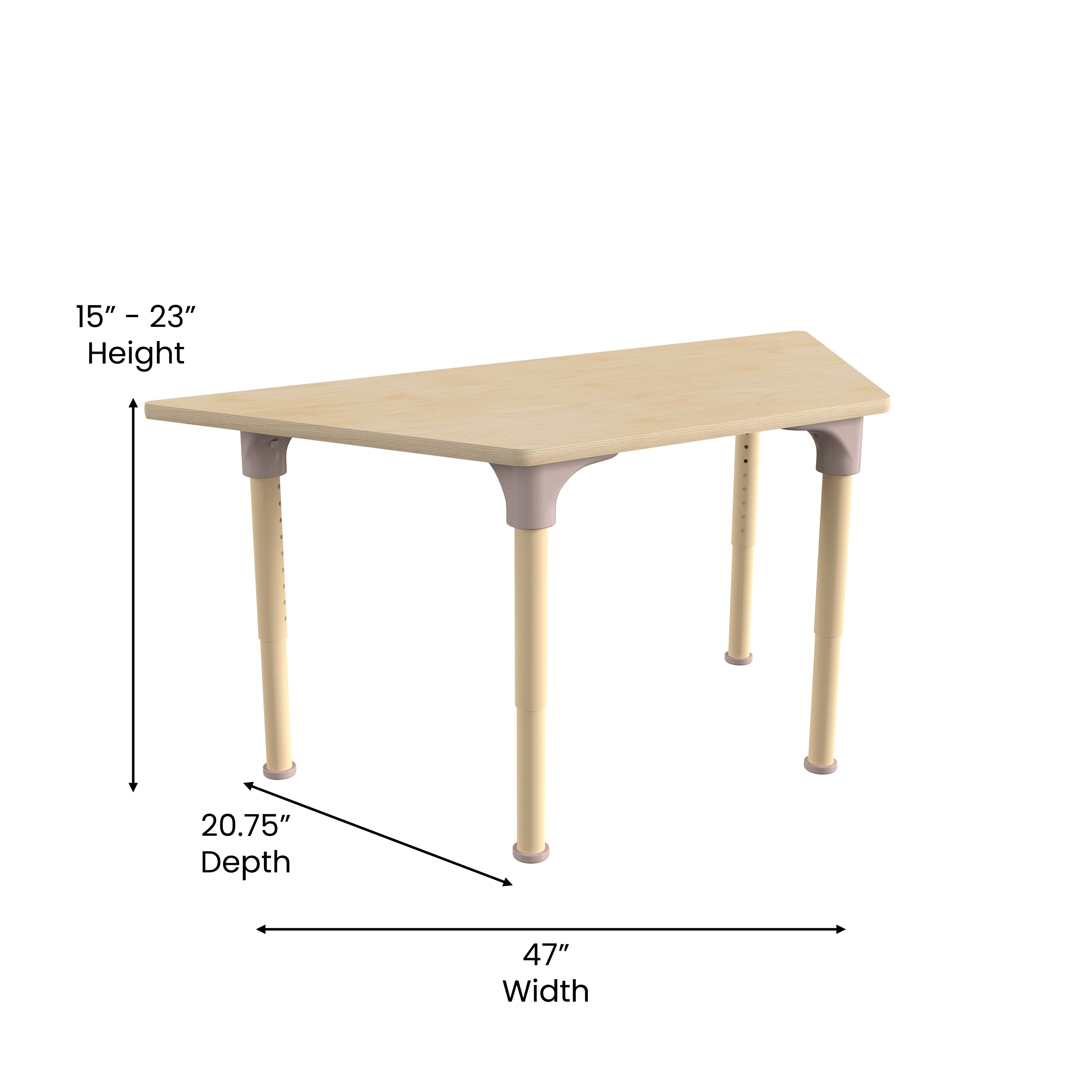 Bright Beginnings 47" Commercial Grade Wooden Trapezoid Adjustable Height Classroom Activity Table - Metal Legs Adjust From 15"H - 23"H, Beech