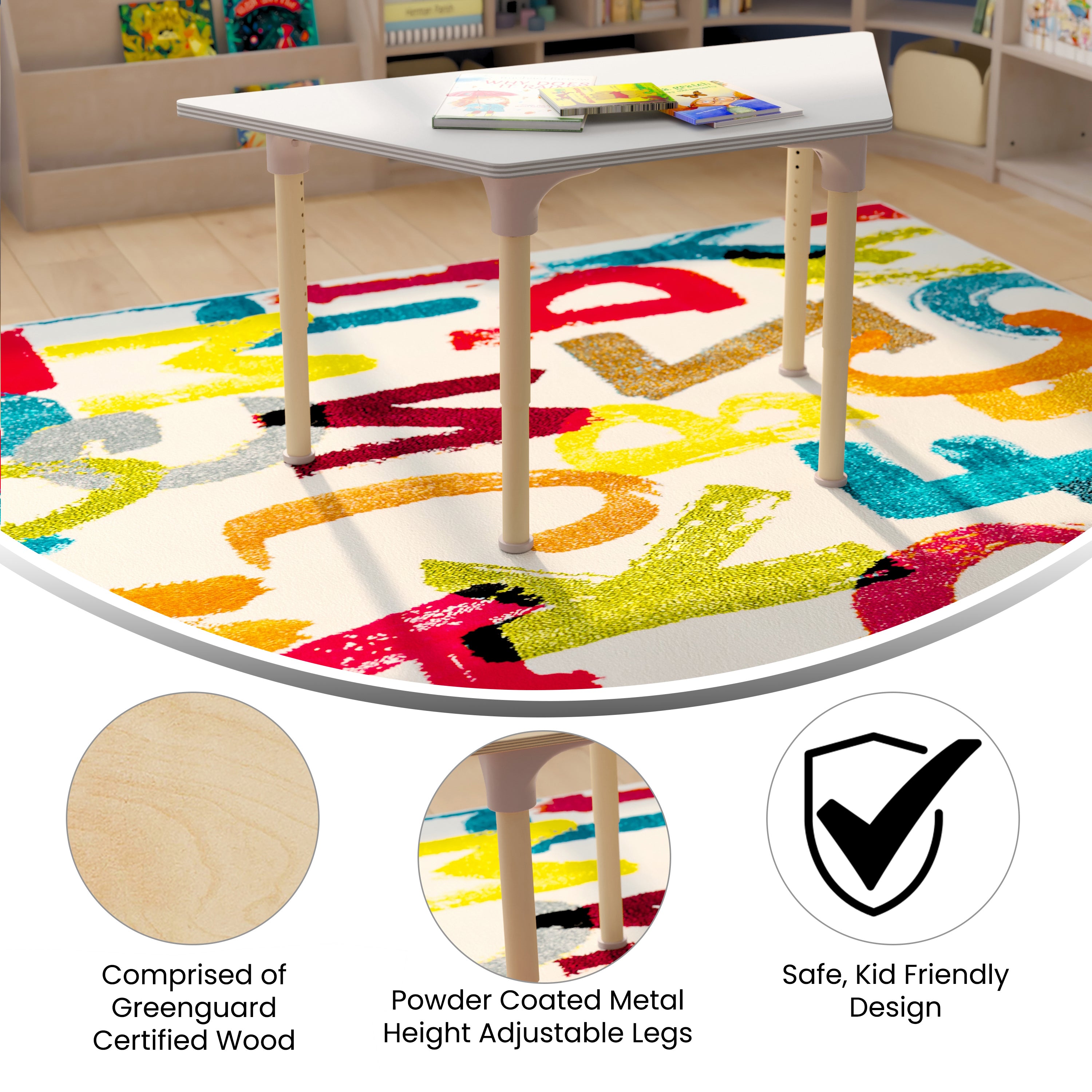 Bright Beginnings 47" Commercial Grade Wooden Trapezoid Adjustable Height Classroom Activity Table - Metal Legs Adjust From 15"H - 23"H, Beech/White