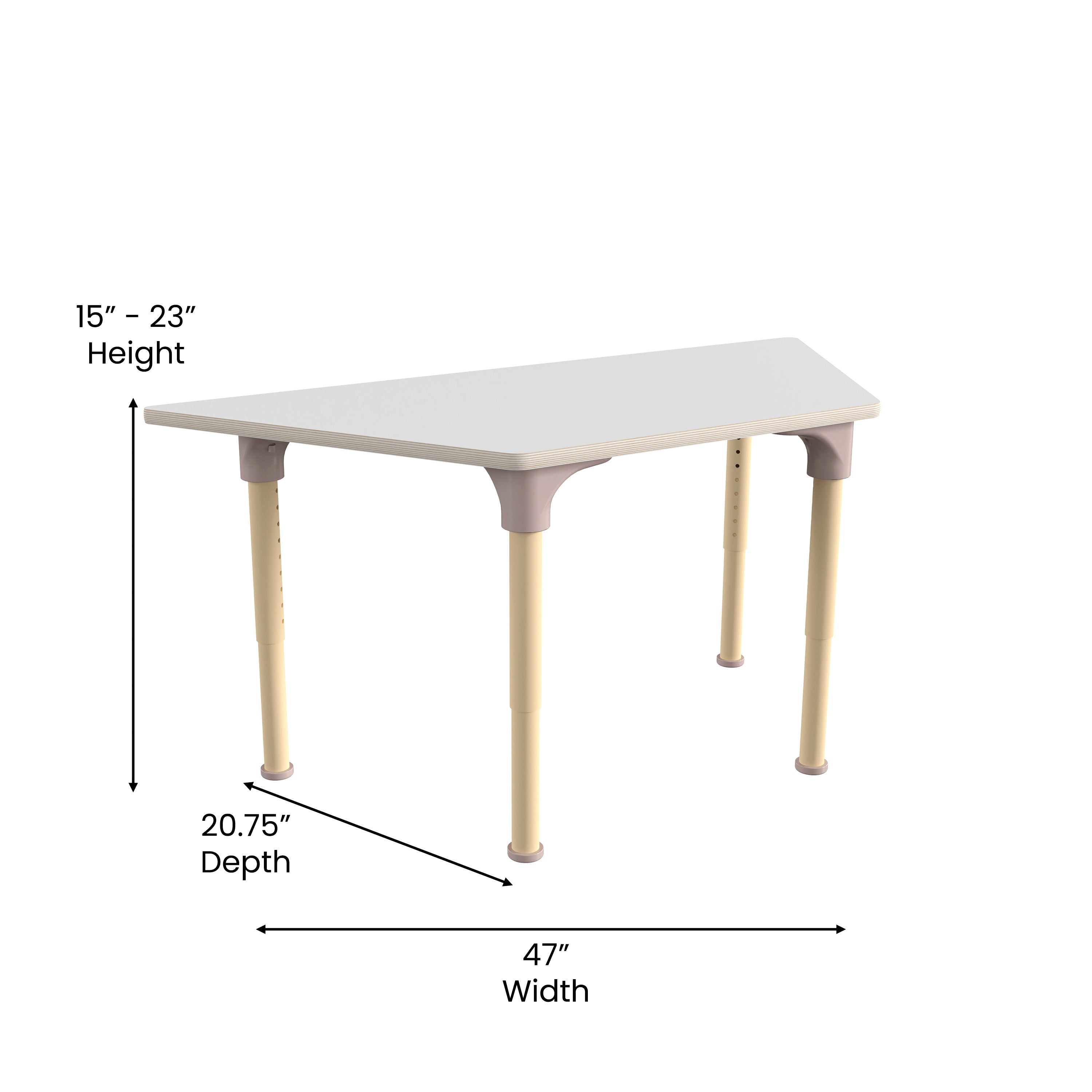 Bright Beginnings 47" Commercial Grade Wooden Trapezoid Adjustable Height Classroom Activity Table - Metal Legs Adjust From 15"H - 23"H, Beech/White