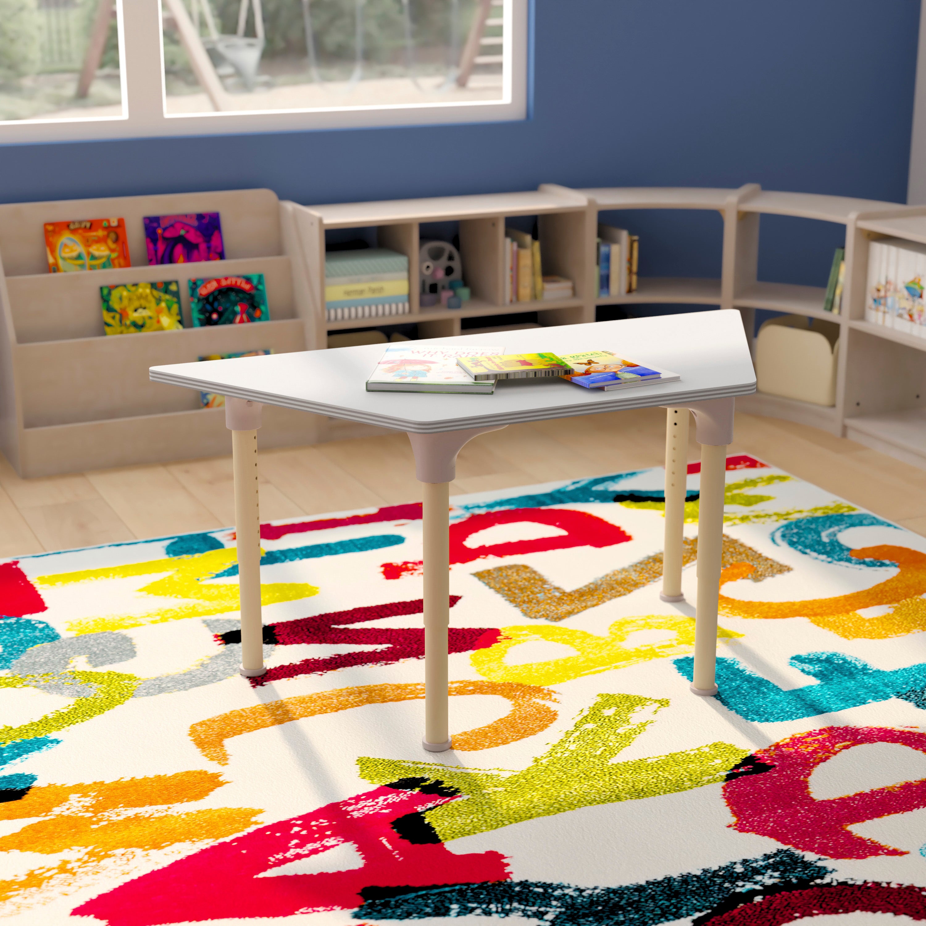Bright Beginnings 47" Commercial Grade Wooden Trapezoid Adjustable Height Classroom Activity Table - Metal Legs Adjust From 15"H - 23"H, Beech/White