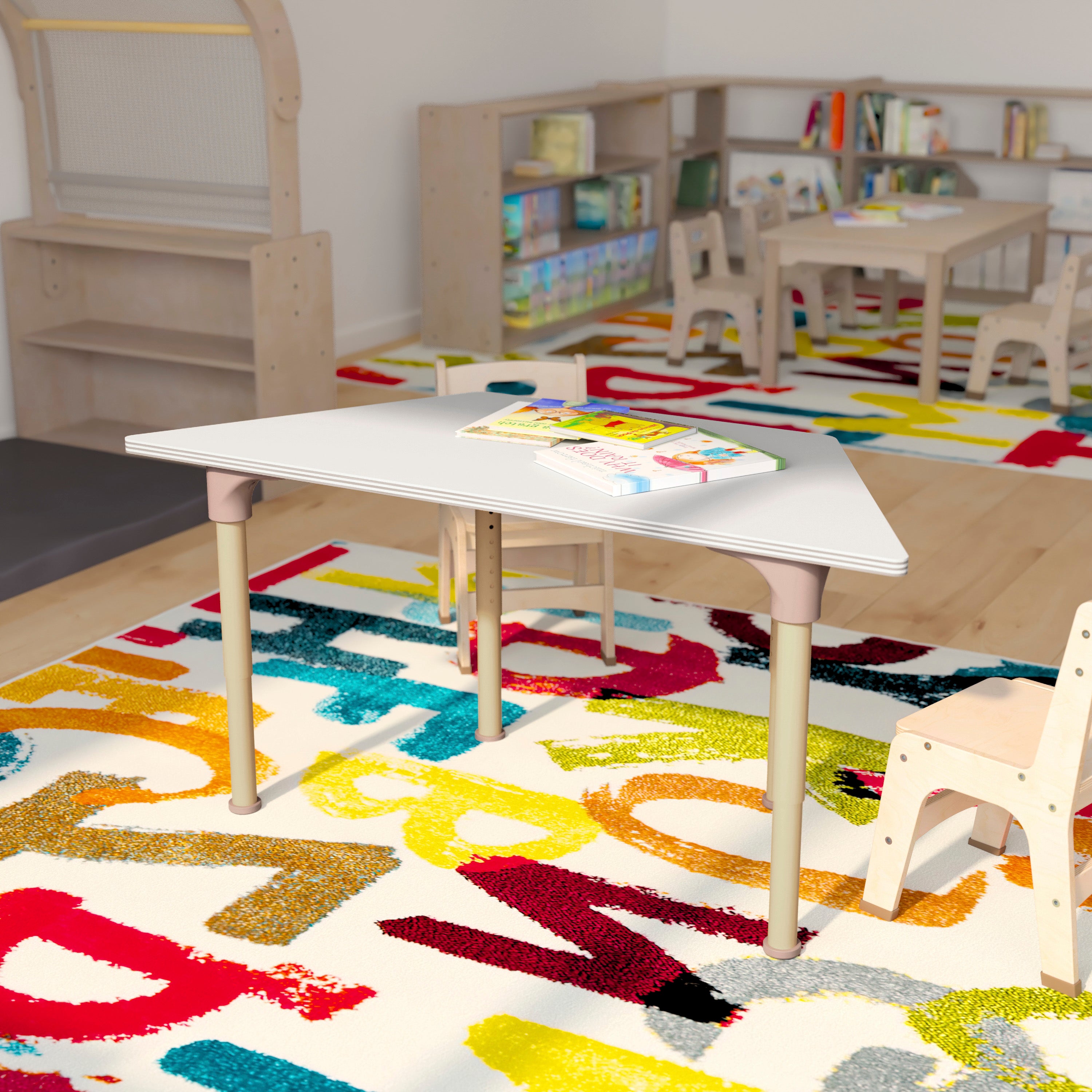 Bright Beginnings 47" Commercial Grade Wooden Trapezoid Adjustable Height Classroom Activity Table - Metal Legs Adjust From 15"H - 23"H, Beech/White