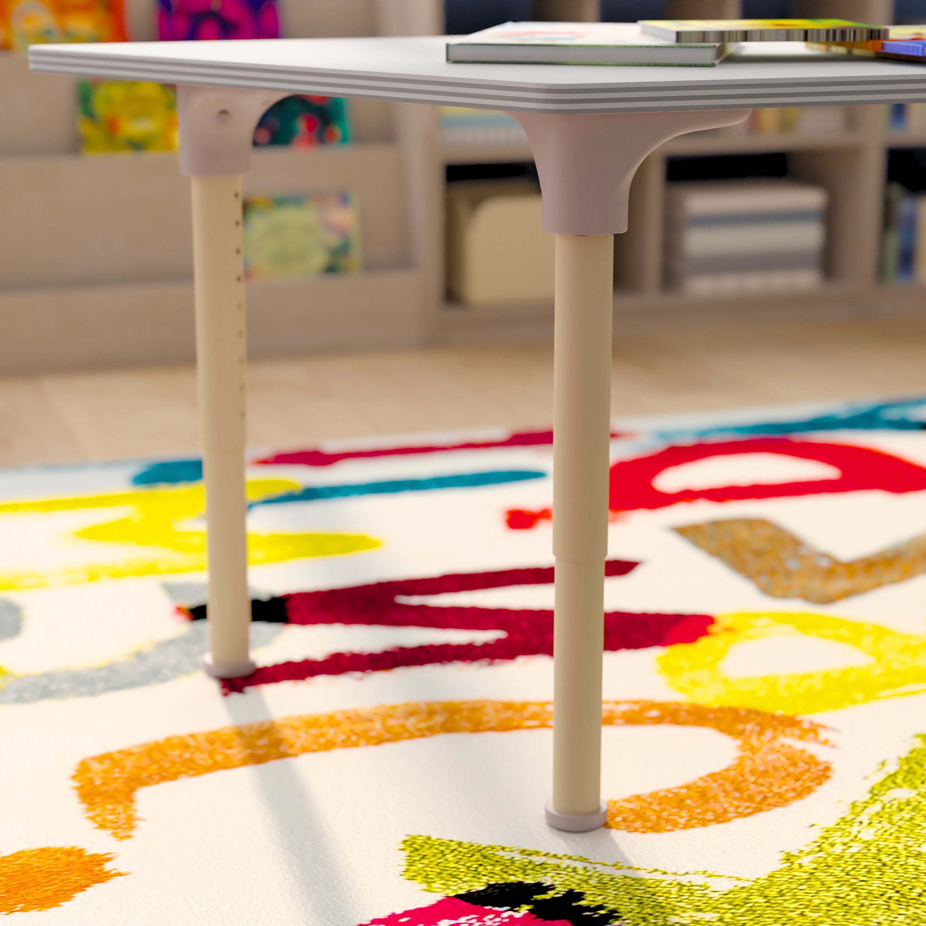 Bright Beginnings 47" Commercial Grade Wooden Trapezoid Adjustable Height Classroom Activity Table - Metal Legs Adjust From 15"H - 23"H, Beech/White