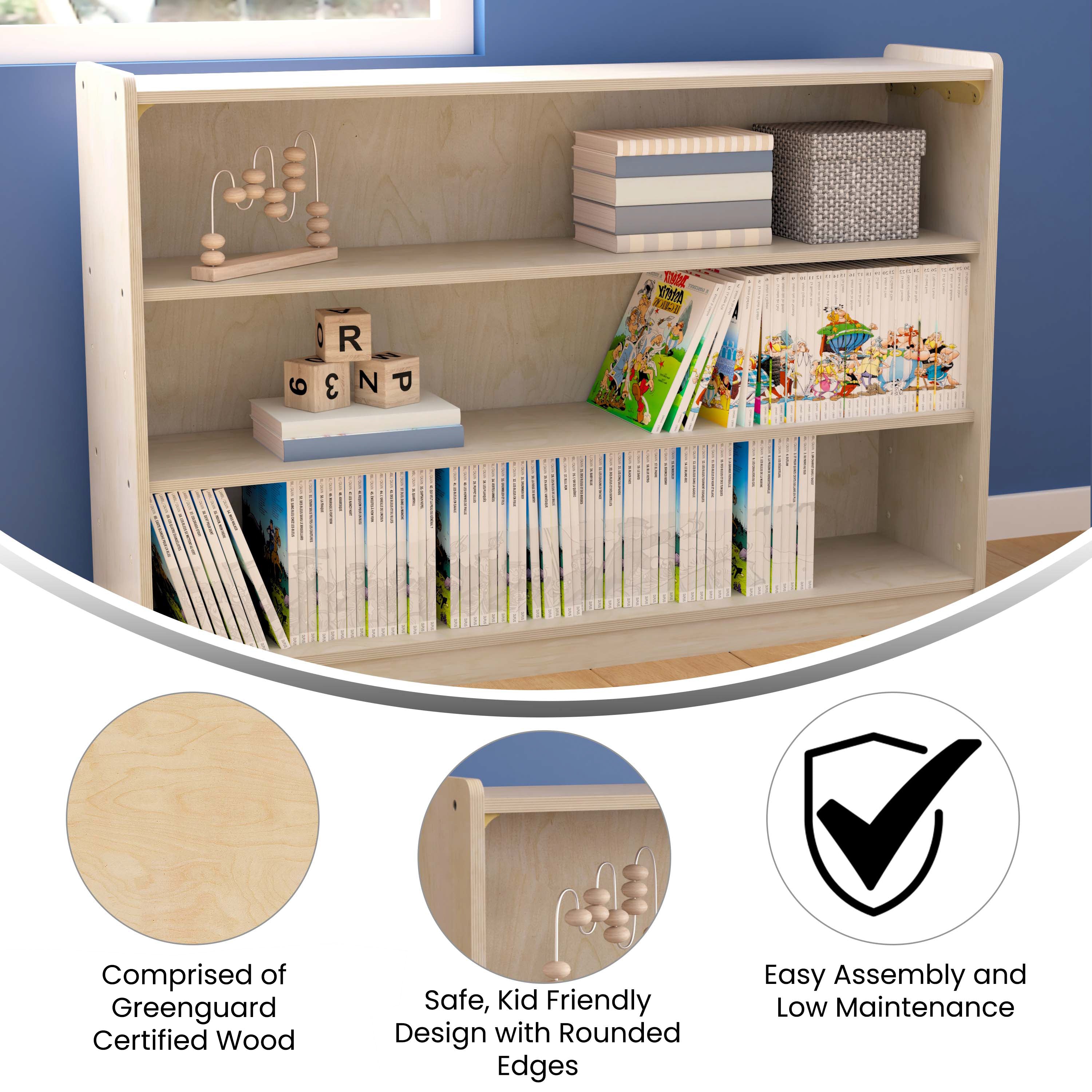 Bright Beginnings Commercial Grade Extra Wide 3 Shelf Wooden Classroom Open Storage Unit, Safe, Kid Friendly Design, Natural