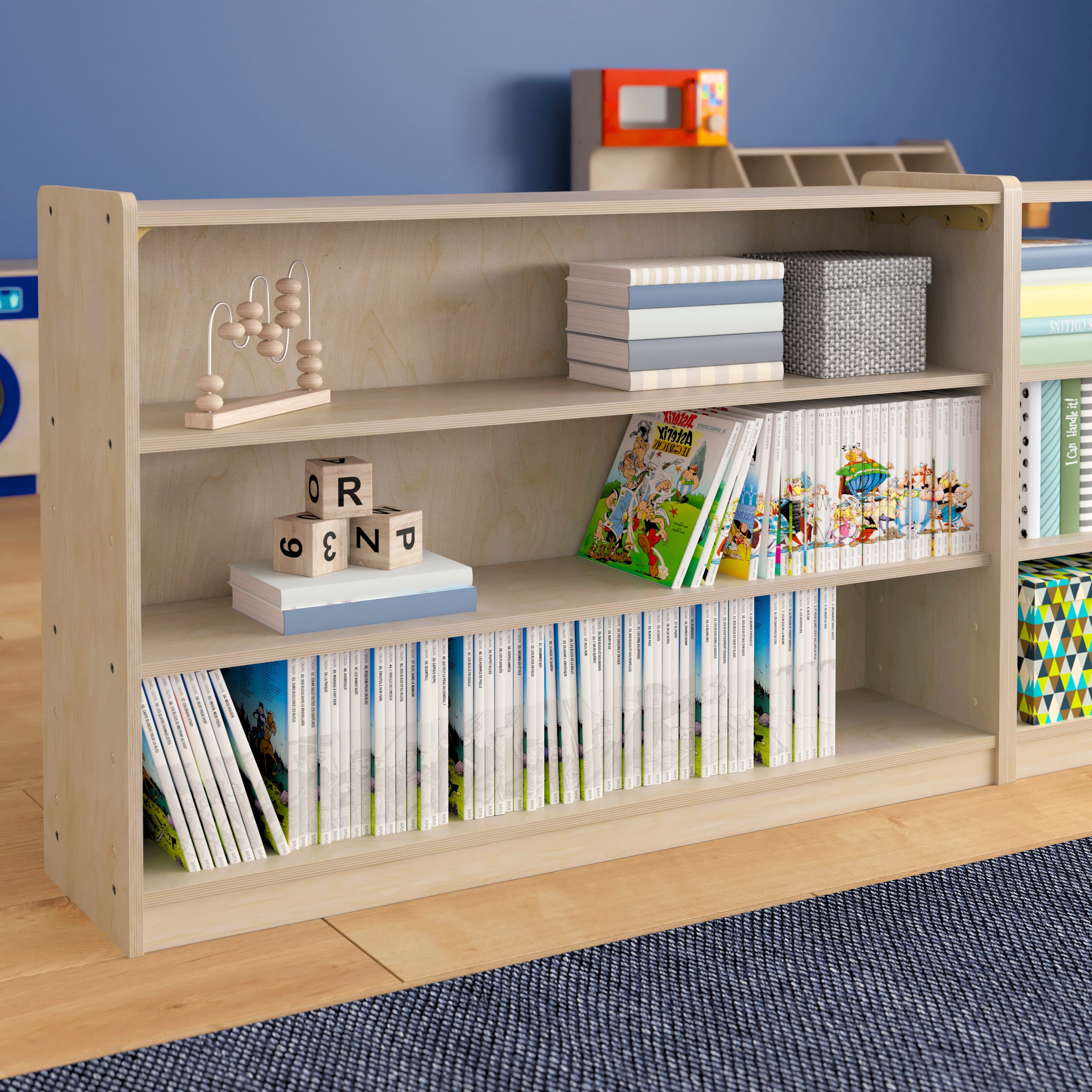Bright Beginnings Commercial Grade Extra Wide 3 Shelf Wooden Classroom Open Storage Unit, Safe, Kid Friendly Design, Natural
