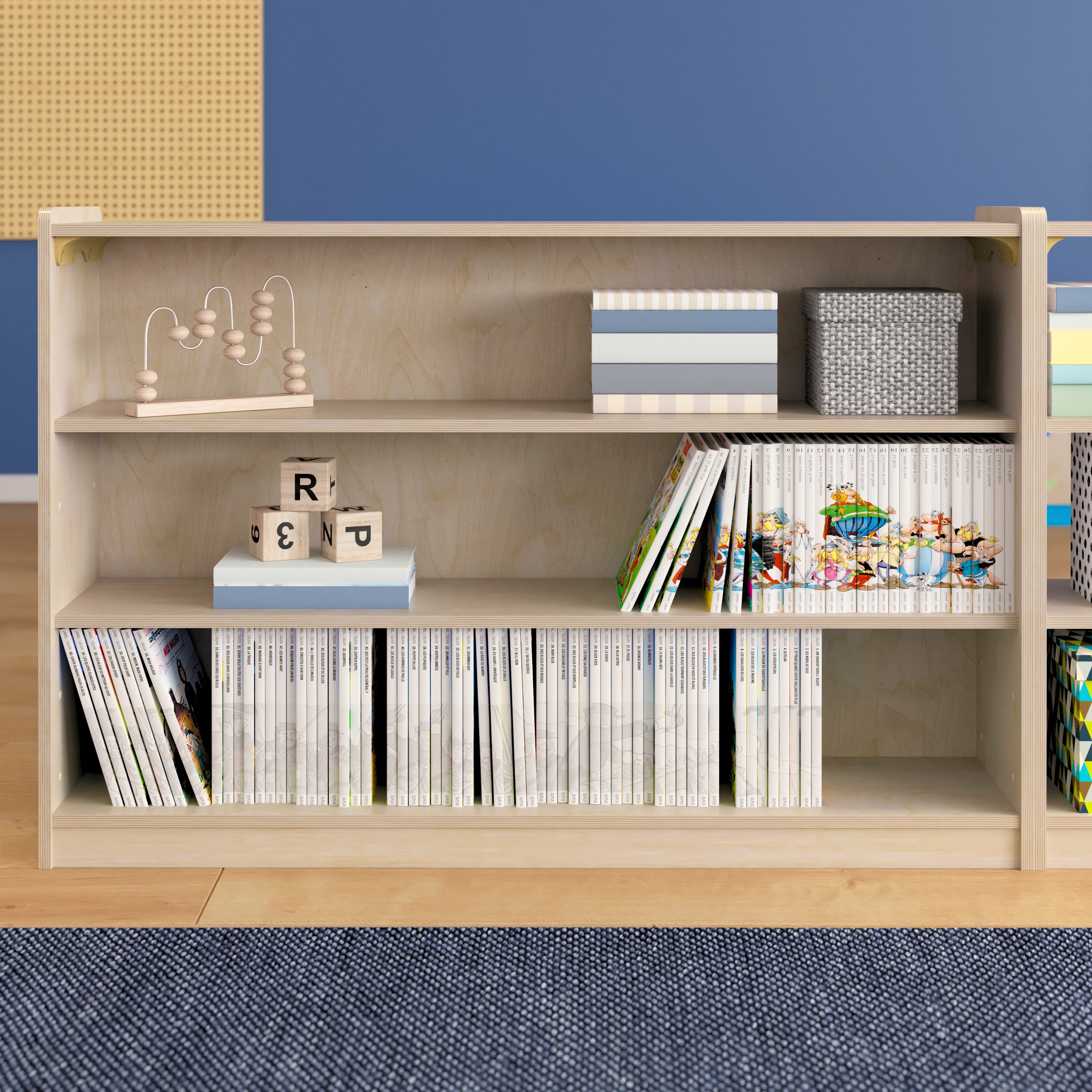Bright Beginnings Commercial Grade Extra Wide 3 Shelf Wooden Classroom Open Storage Unit, Safe, Kid Friendly Design, Natural