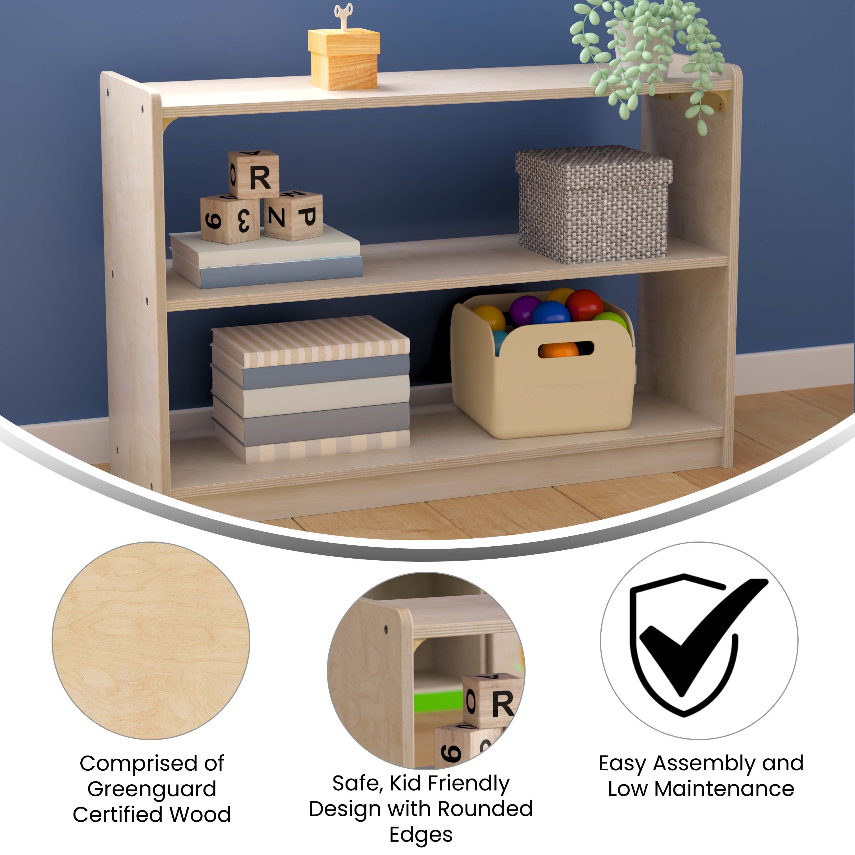 Bright Beginnings Commercial Grade Extra Wide 2 Shelf Wooden Classroom Open Storage Unit, Safe, Kid Friendly Design, Natural