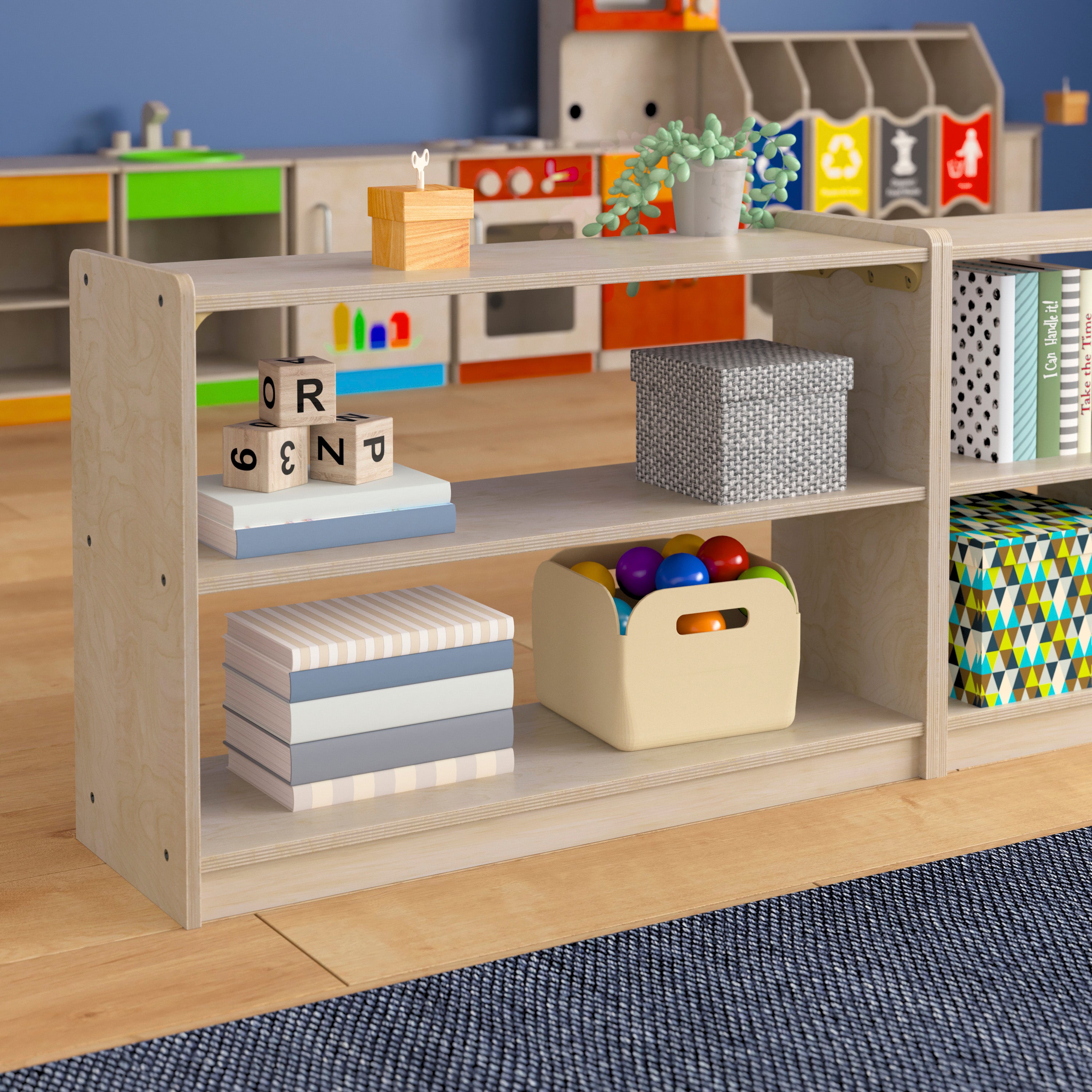 Bright Beginnings Commercial Grade Extra Wide 2 Shelf Wooden Classroom Open Storage Unit, Safe, Kid Friendly Design, Natural