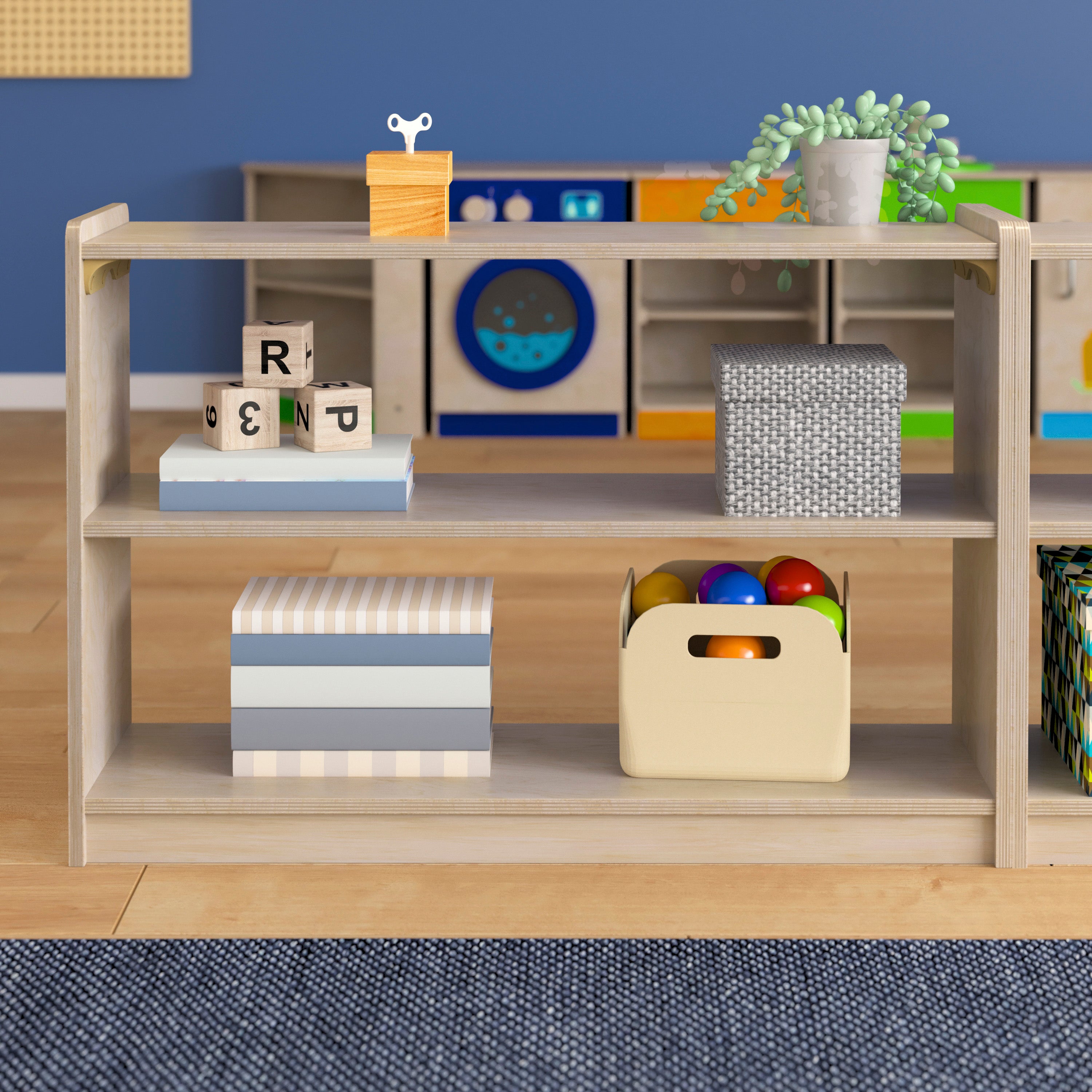 Bright Beginnings Commercial Grade Extra Wide 2 Shelf Wooden Classroom Open Storage Unit, Safe, Kid Friendly Design, Natural