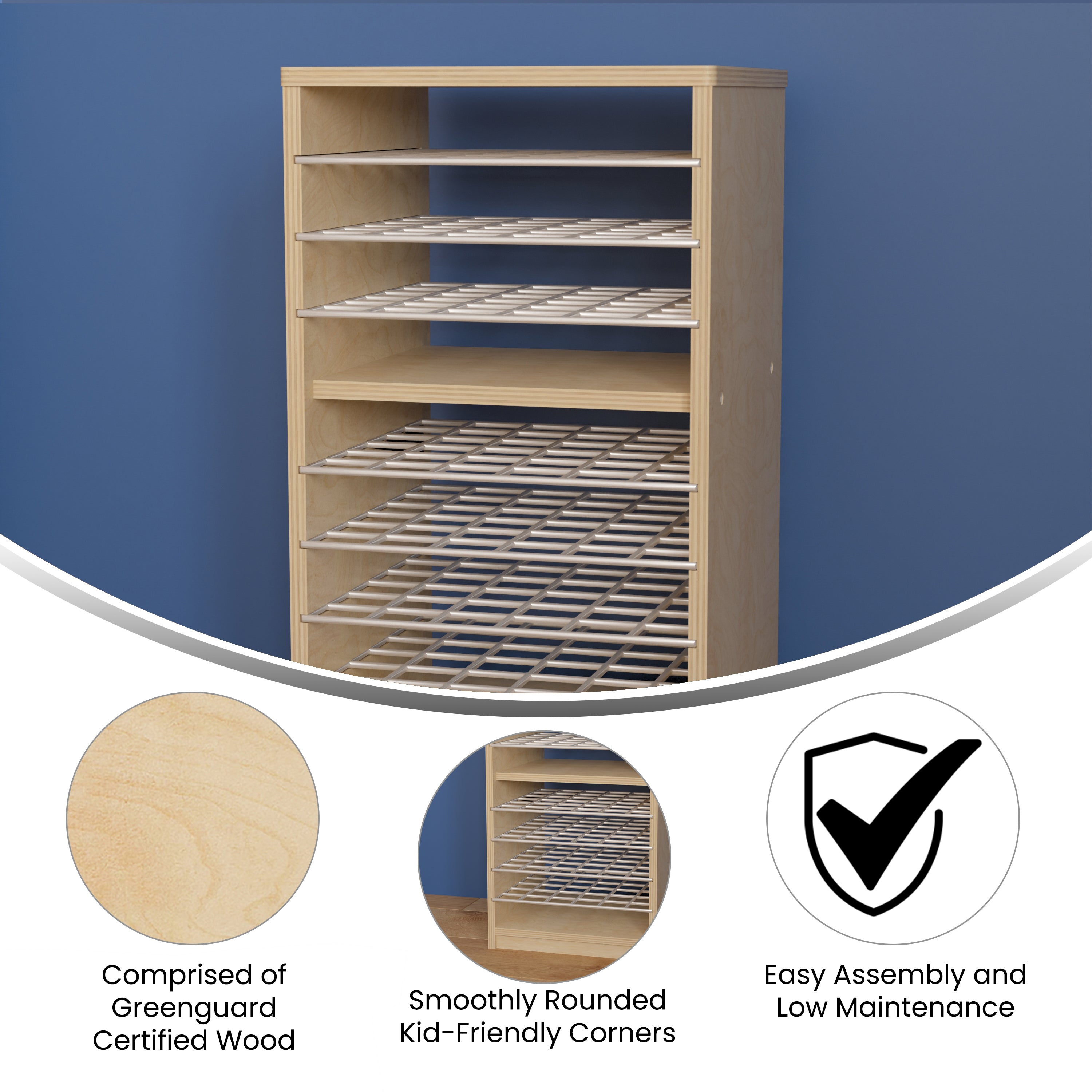 Bright Beginnings Commercial Deluxe Multipurpose Natural Birch Plywood Storage Shelf Puzzle Holder, Art Drying Rack, Paper Holder with Shelving