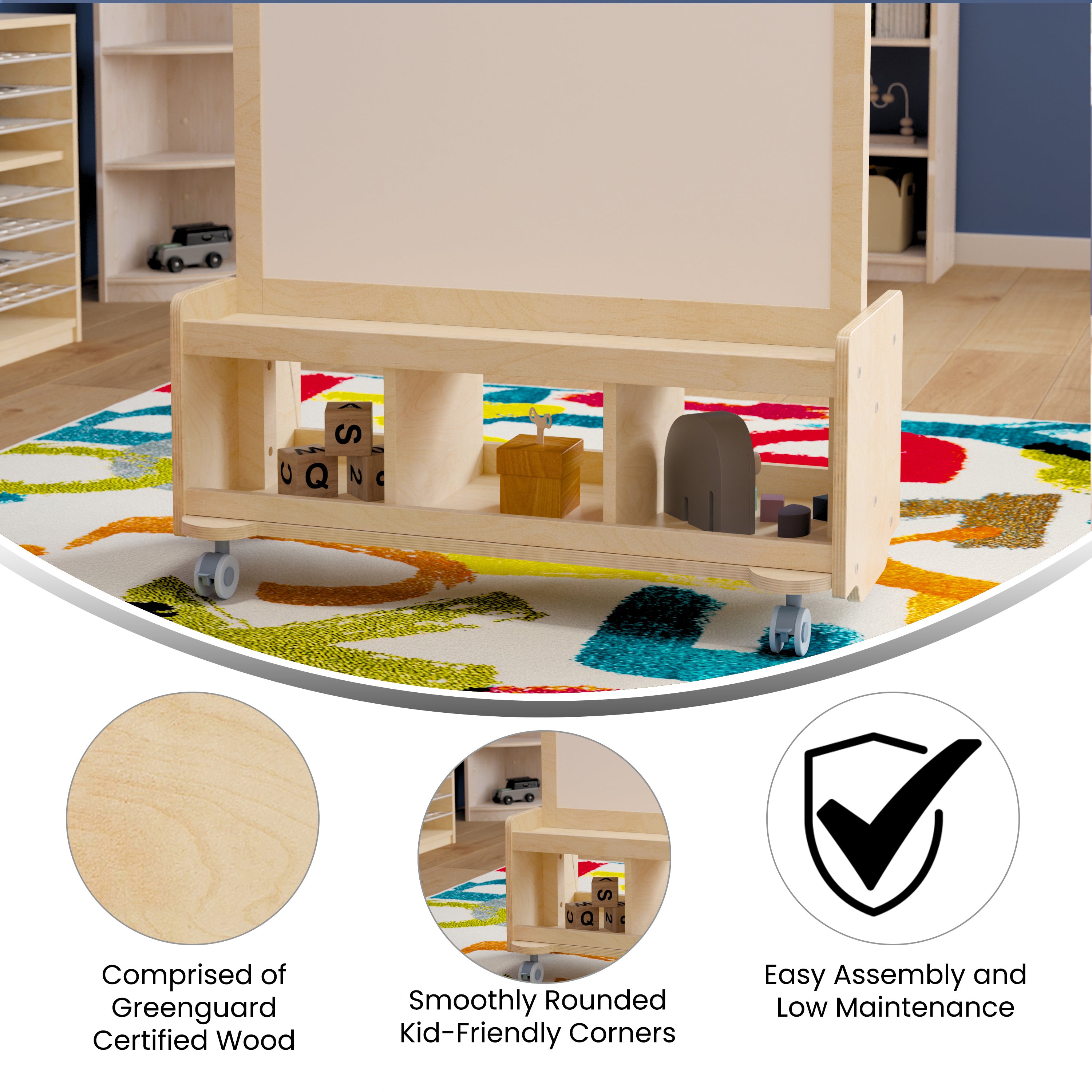 Bright Beginnings Commercial Wooden Mobile Dual Sided 2 Person Art Station with Locking Caster Wheels and Bottom Cubby Storage, Natural