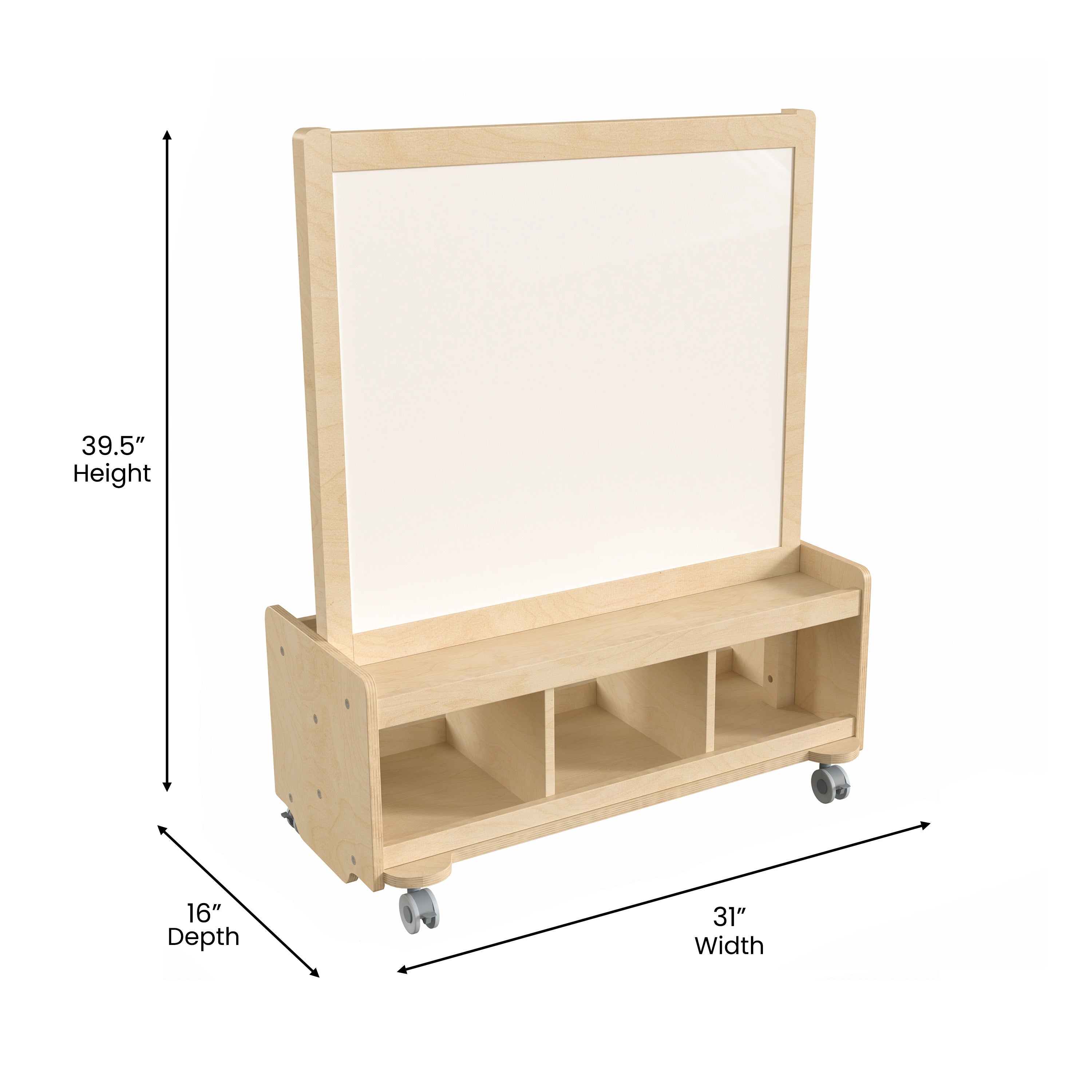 Bright Beginnings Commercial Wooden Mobile Dual Sided 2 Person Art Station with Locking Caster Wheels and Bottom Cubby Storage, Natural