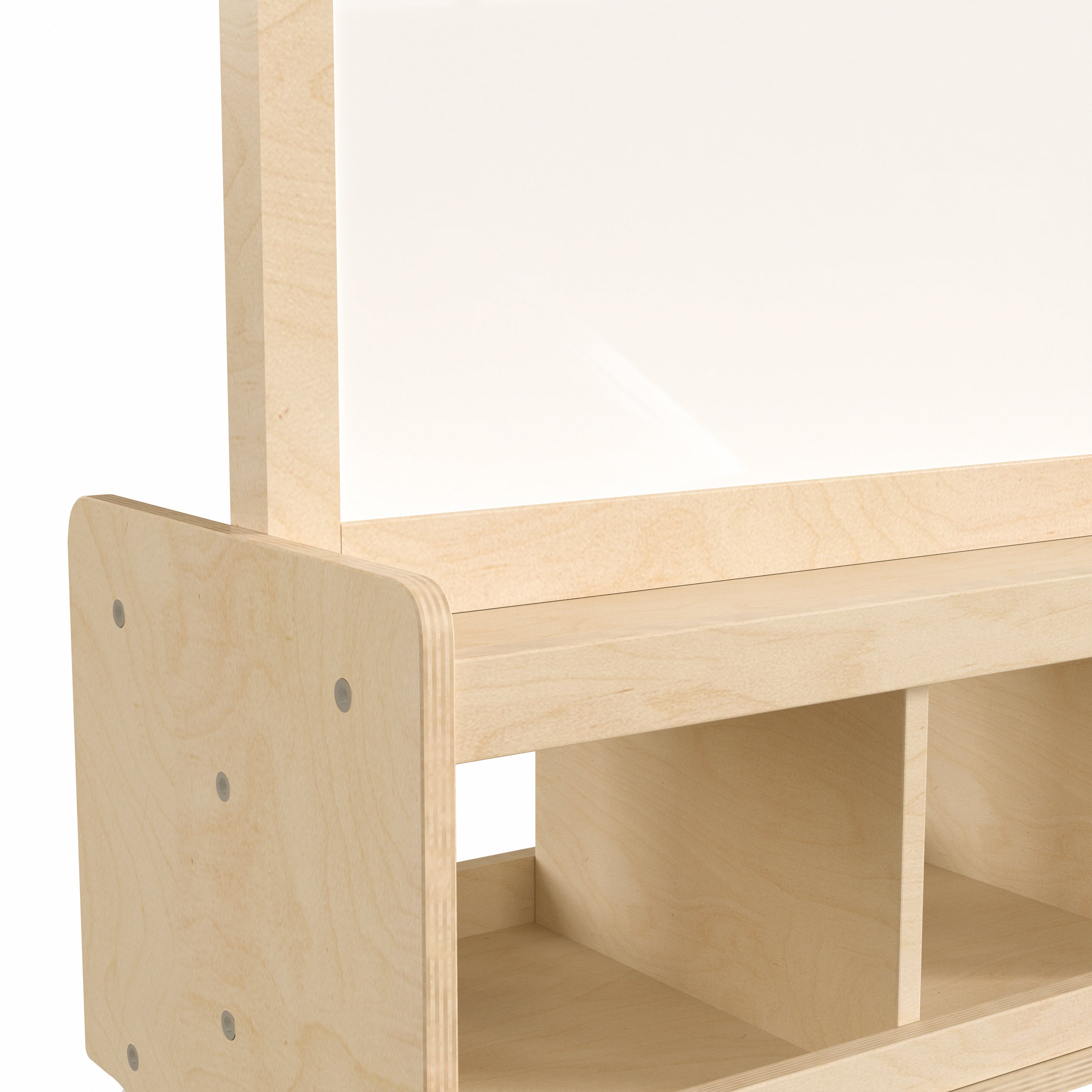 Bright Beginnings Commercial Wooden Mobile Dual Sided 2 Person Art Station with Locking Caster Wheels and Bottom Cubby Storage, Natural