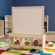 Bright Beginnings Commercial Wooden Mobile Dual Sided 2 Person Art Station with Locking Caster Wheels and Bottom Cubby Storage, Natural
