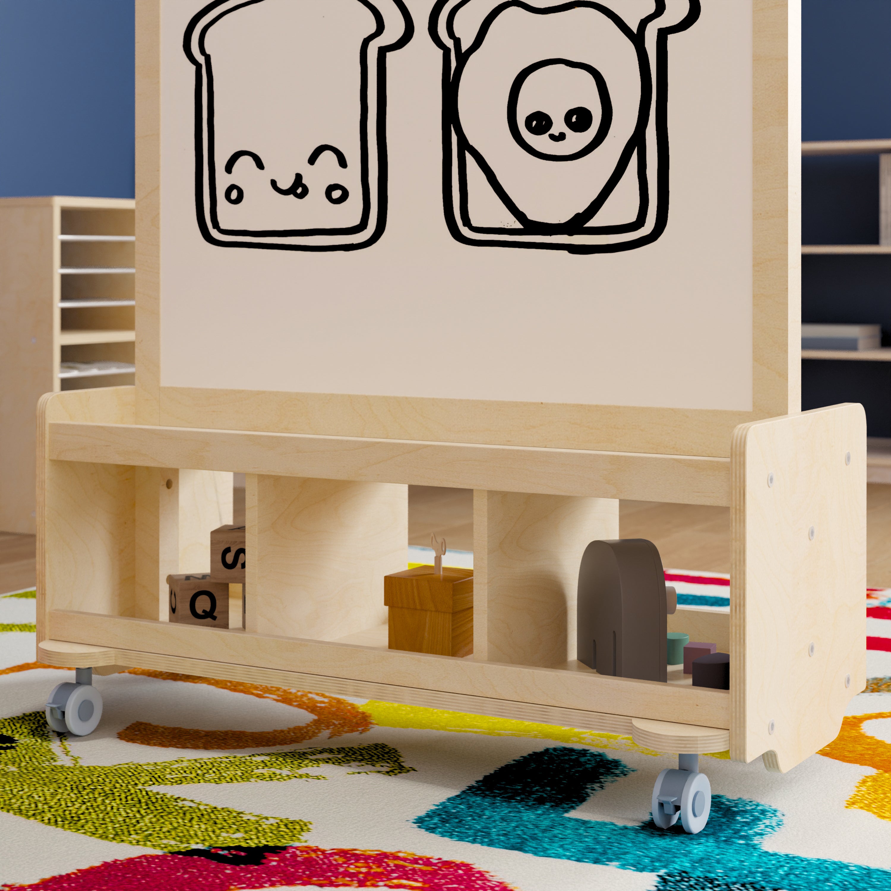 Bright Beginnings Commercial Wooden Mobile Dual Sided 2 Person Art Station with Locking Caster Wheels and Bottom Cubby Storage, Natural