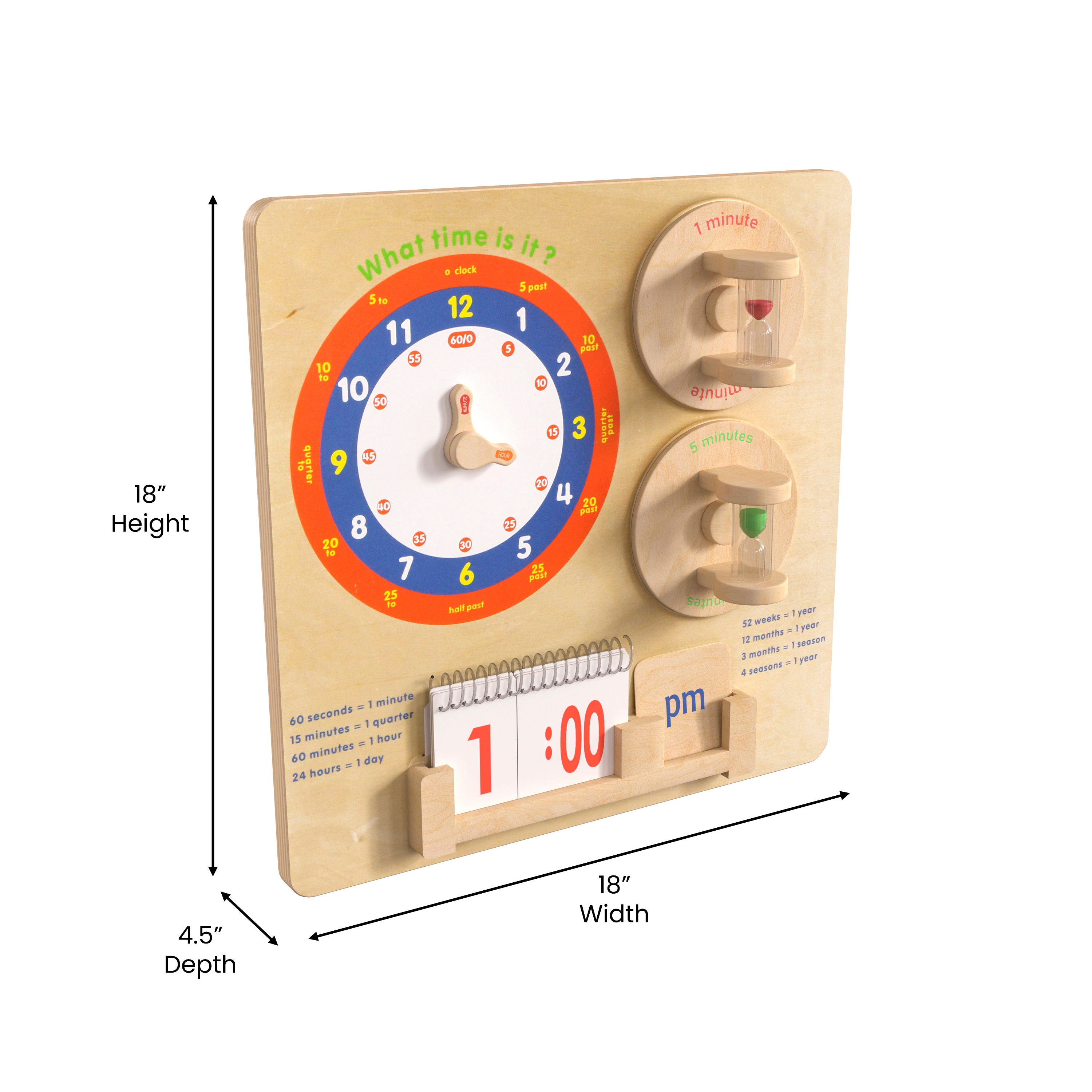 Bright Beginnings Commercial Grade STEAM Wall Activity Board with Natural Finish and Multicolor Accents, Telling Time