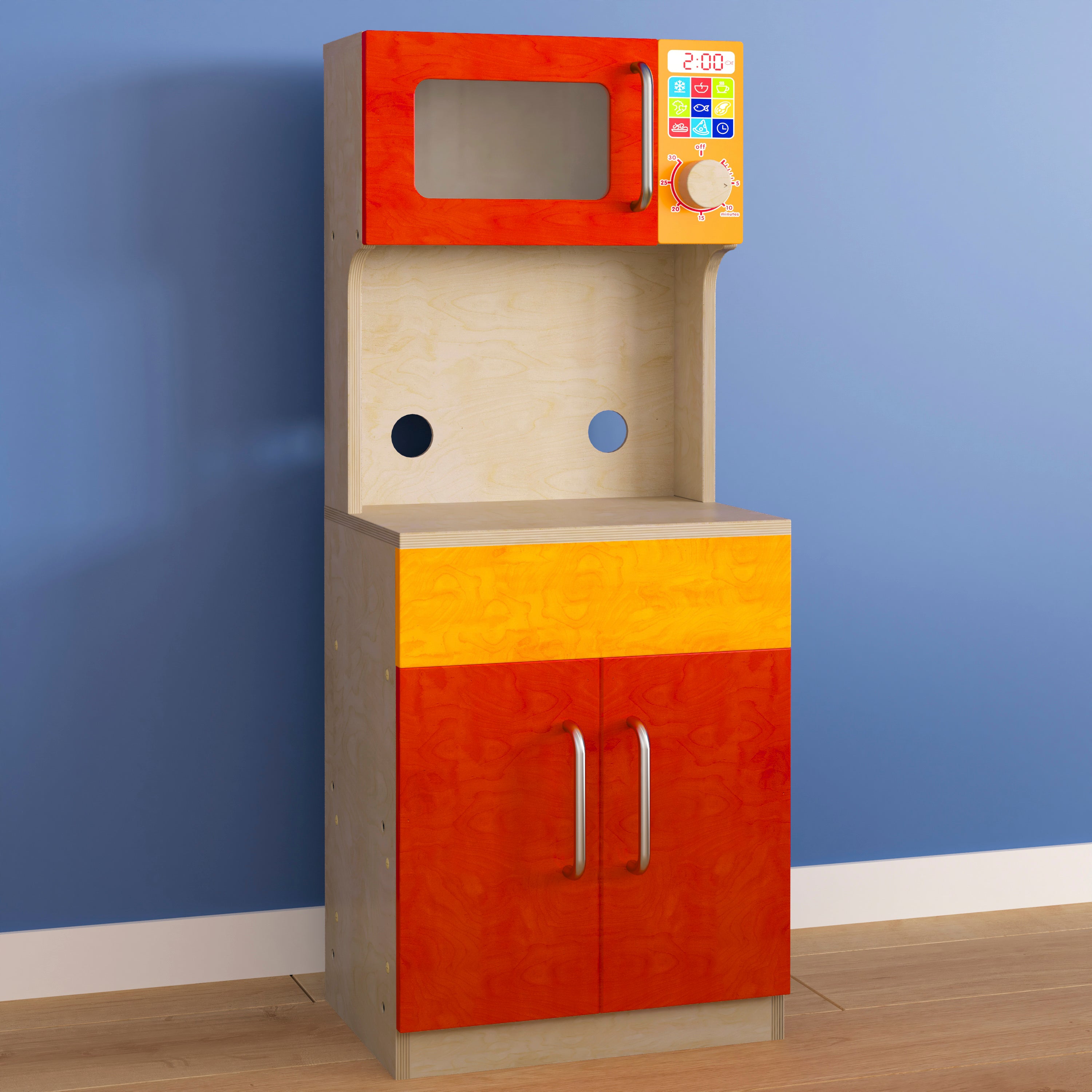 Bright Beginnings Commercial Grade Greenguard Certified Wooden Children's Kitchen Cabinet with Microwave
