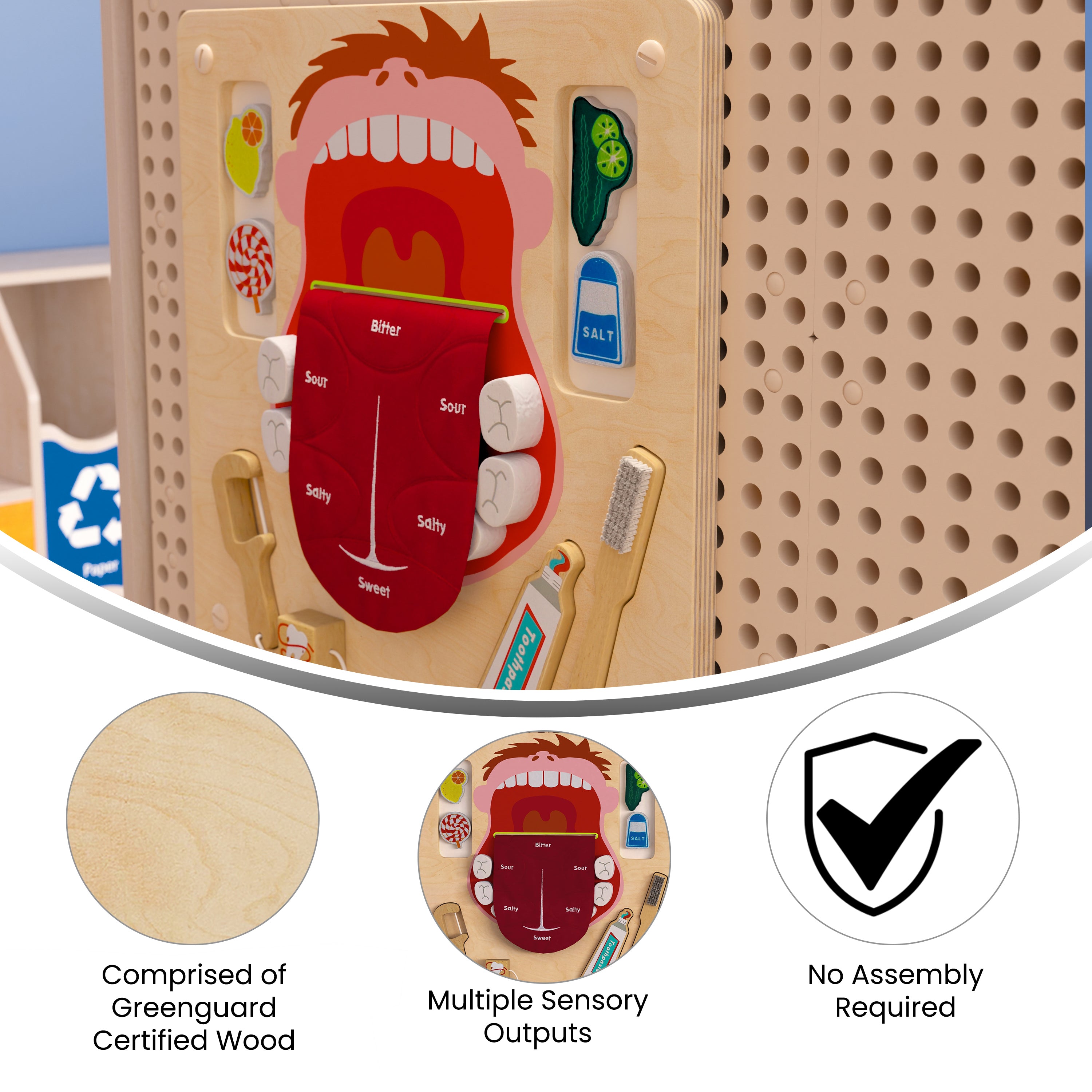 Bright Beginnings Commercial Grade STEAM Wall Activity Board with Natural Finish and Multicolor Accents, Dental Hygiene