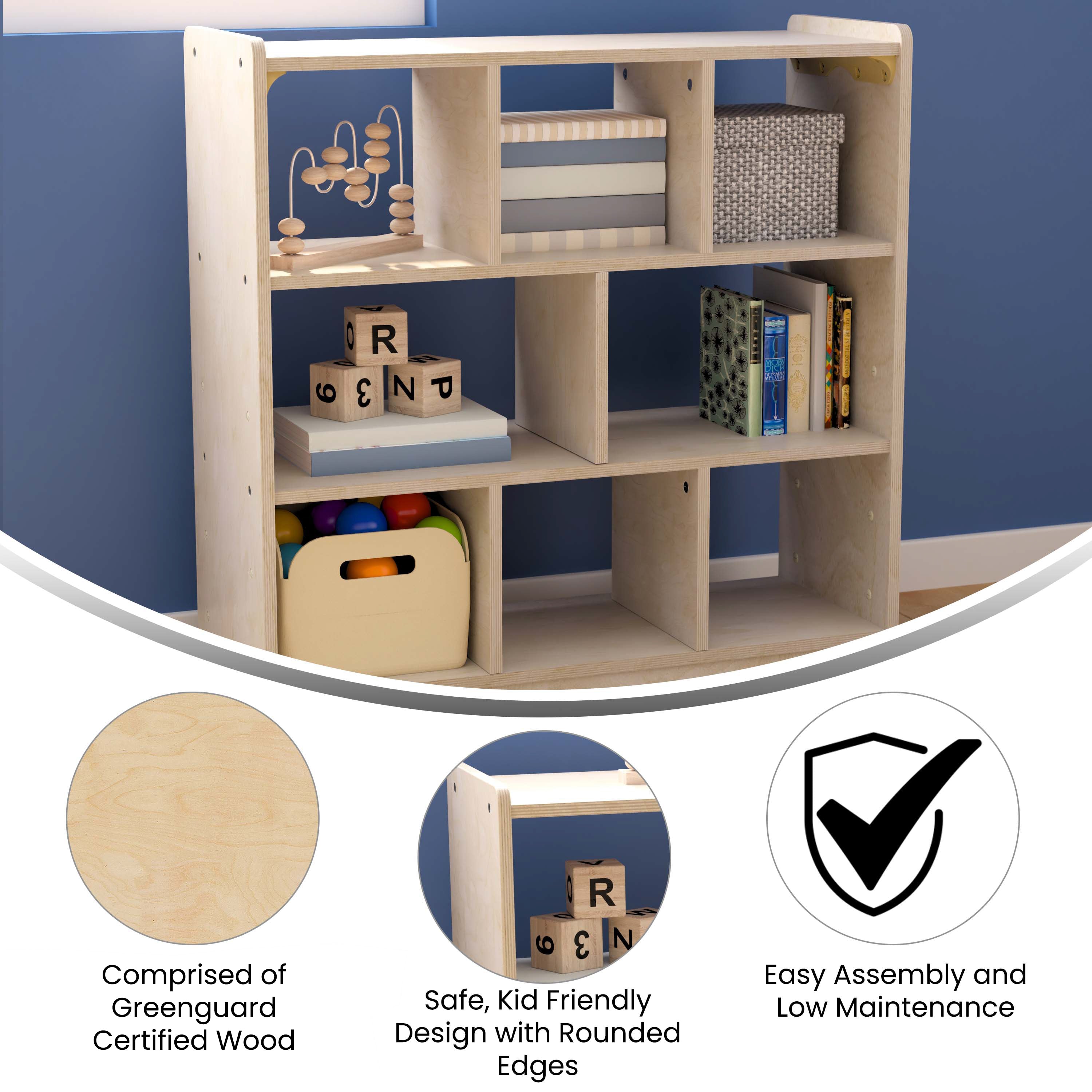 Bright Beginnings Commercial Grade 8 Section Modular Wooden Classroom Open Storage Unit, Safe, Kid Friendly Design, Natural
