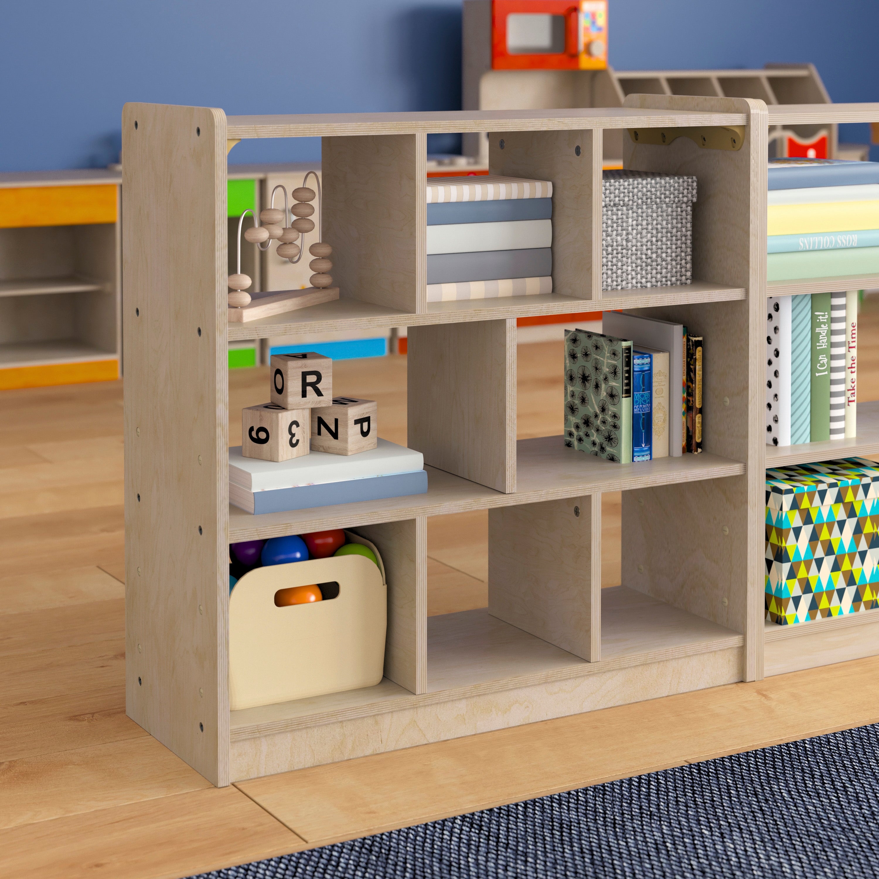 Bright Beginnings Commercial Grade 8 Section Modular Wooden Classroom Open Storage Unit, Safe, Kid Friendly Design, Natural
