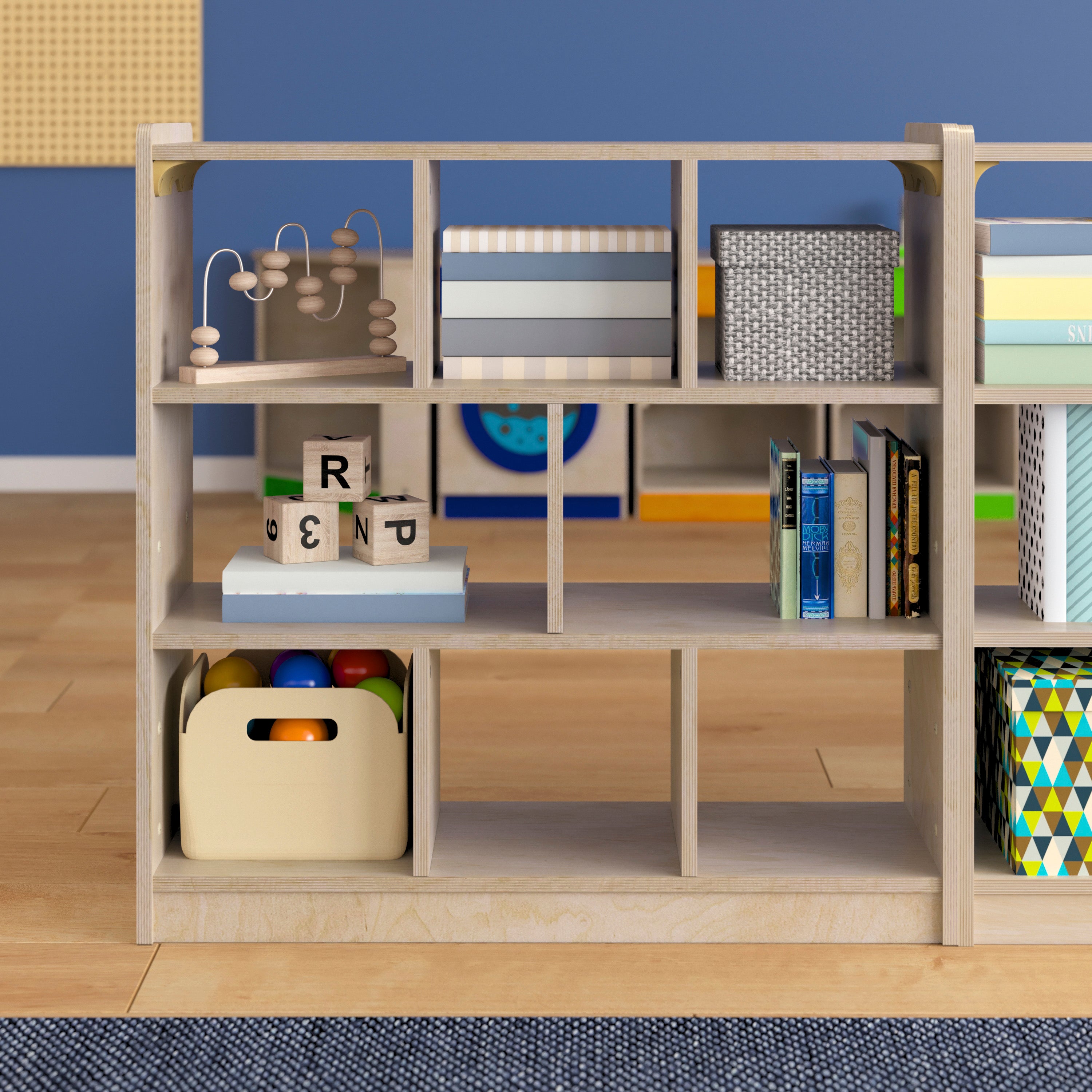 Bright Beginnings Commercial Grade 8 Section Modular Wooden Classroom Open Storage Unit, Safe, Kid Friendly Design, Natural
