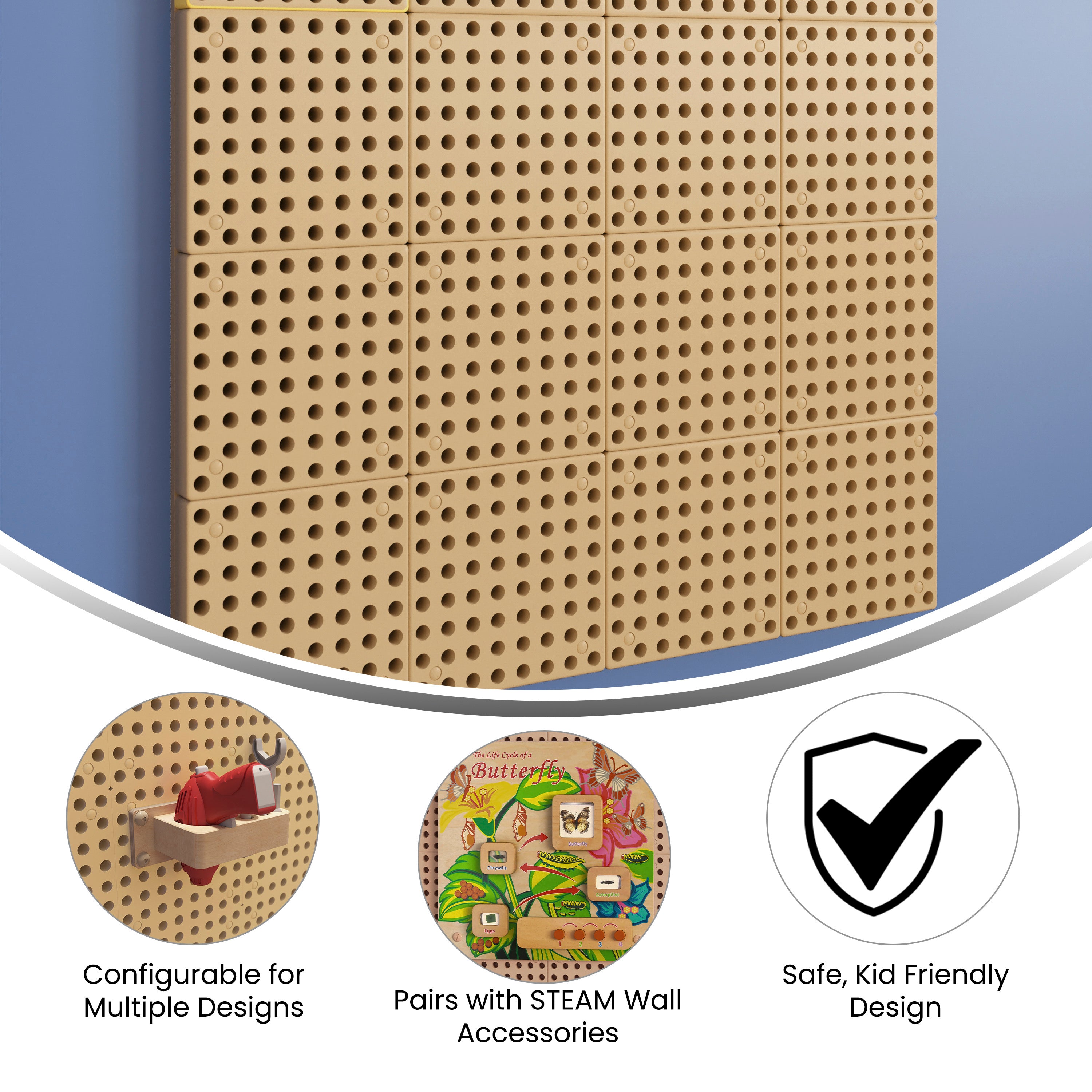 Bright Beginnings Commercial Grade Multipurpose Modular STEAM Wall Peg System Panel - 31.5"L x 31.5"H, Natural