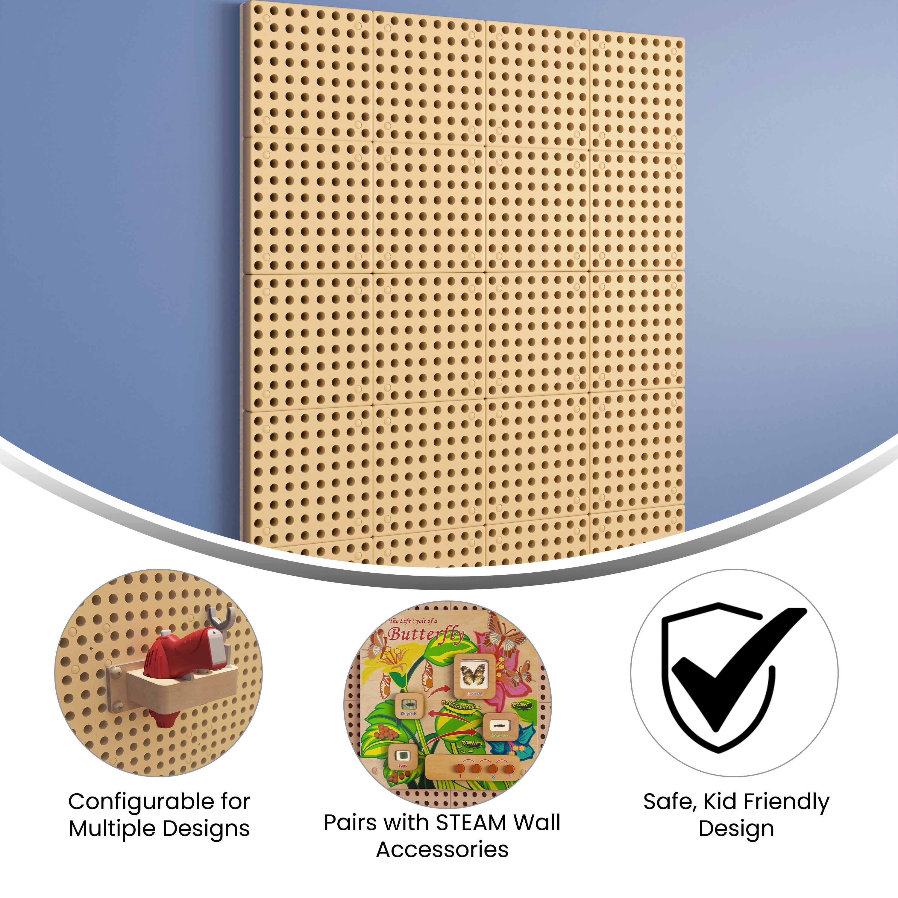 Bright Beginnings Commercial Grade Multipurpose Modular STEAM Wall Peg System Panel - 31.5"L x 47.2"H, Natural