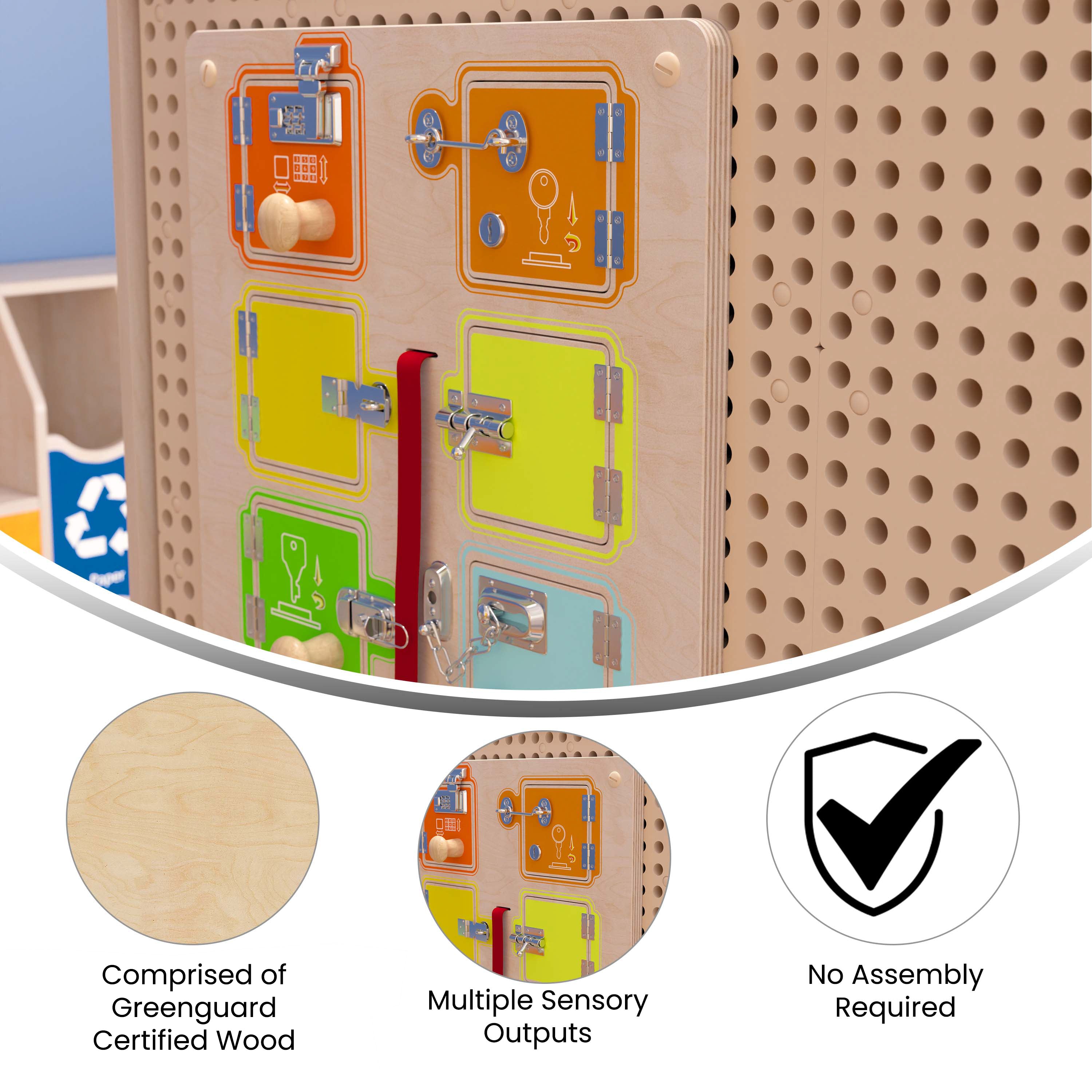 Bright Beginnings Commercial Grade STEAM Wall Activity Board with Natural Finish and Multicolor Accents, Locks and Buckles