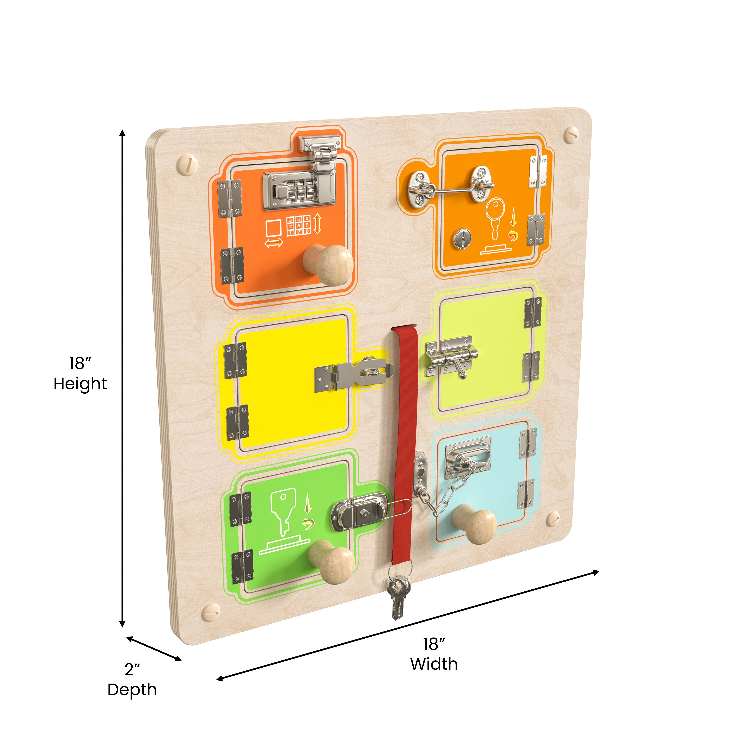 Bright Beginnings Commercial Grade STEAM Wall Activity Board with Natural Finish and Multicolor Accents, Locks and Buckles