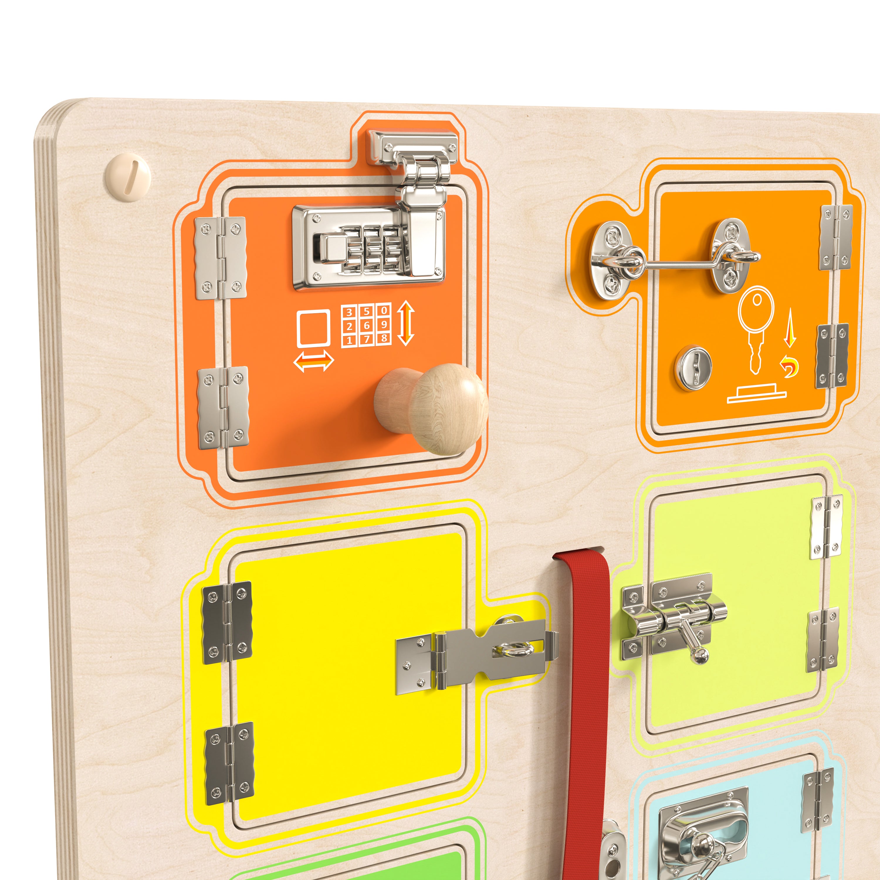 Bright Beginnings Commercial Grade STEAM Wall Activity Board with Natural Finish and Multicolor Accents, Locks and Buckles