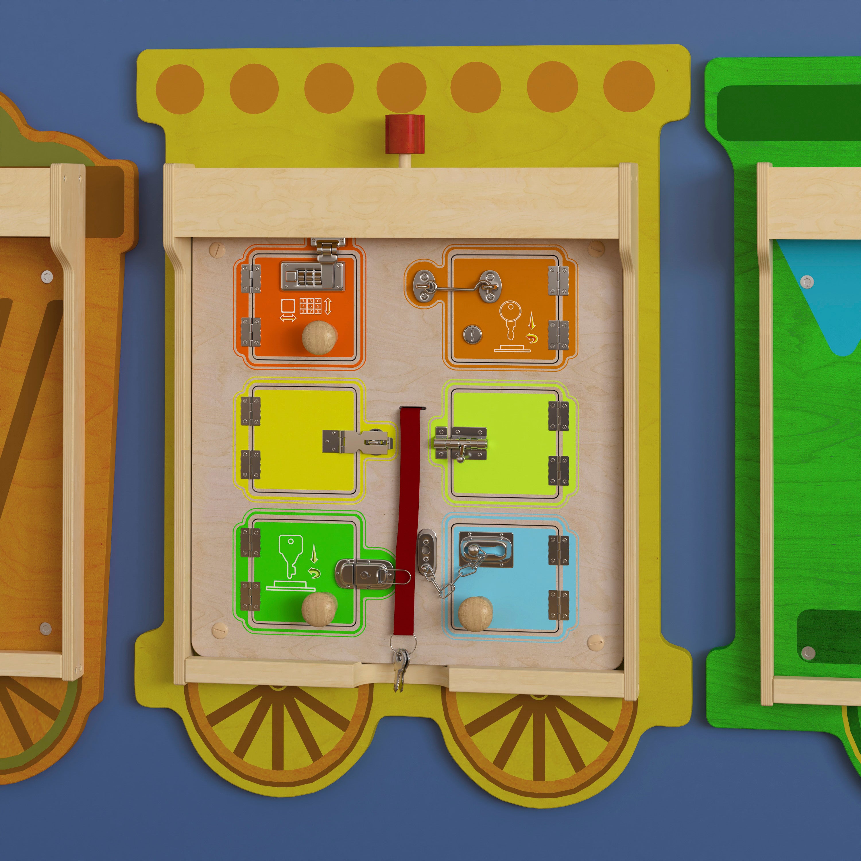 Bright Beginnings Commercial Grade STEAM Wall Activity Board with Natural Finish and Multicolor Accents, Locks and Buckles