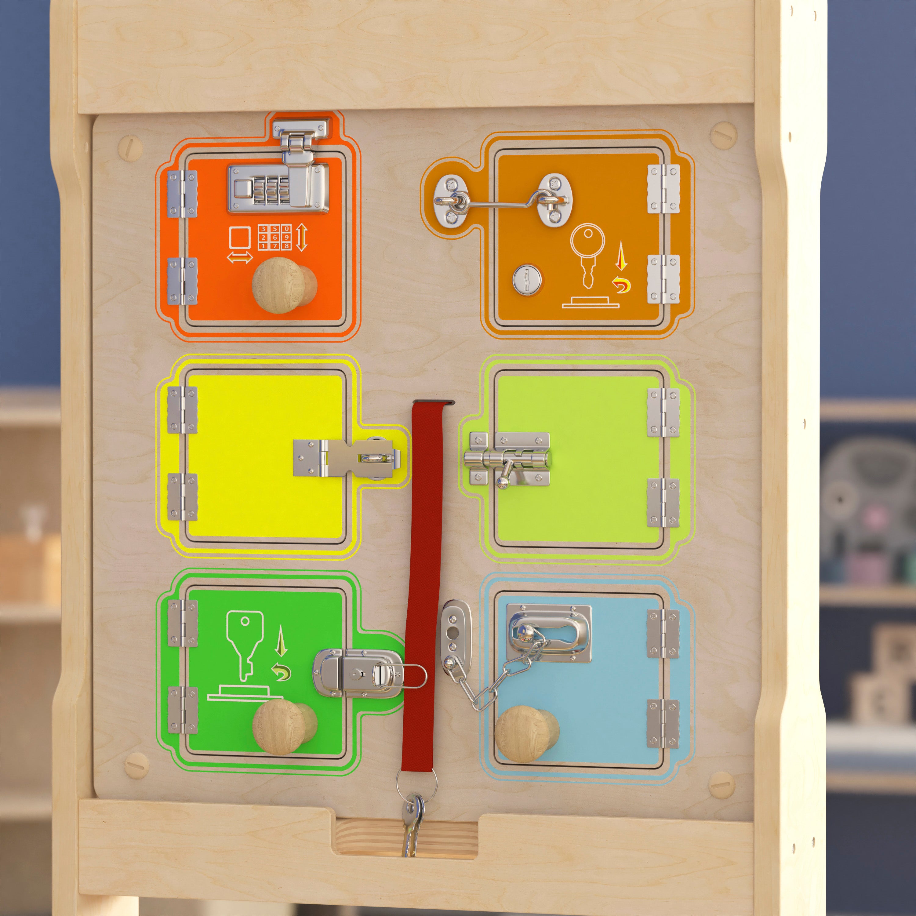 Bright Beginnings Commercial Grade STEAM Wall Activity Board with Natural Finish and Multicolor Accents, Locks and Buckles