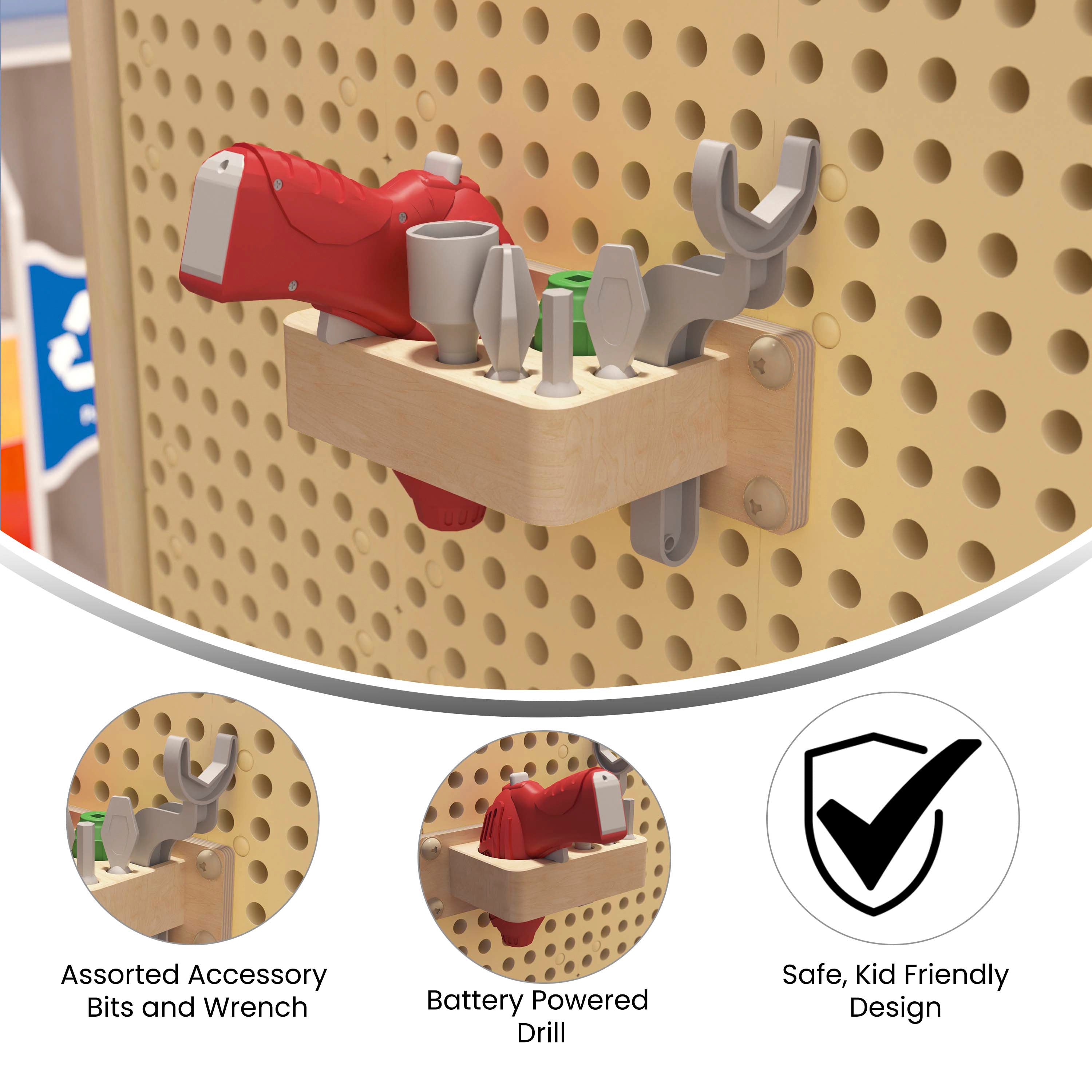 Bright Beginnings Commercial Grade 8 Piece Tools & Holder Accessory Set for Modular STEAM Wall Systems (Not Included) with Working Drill