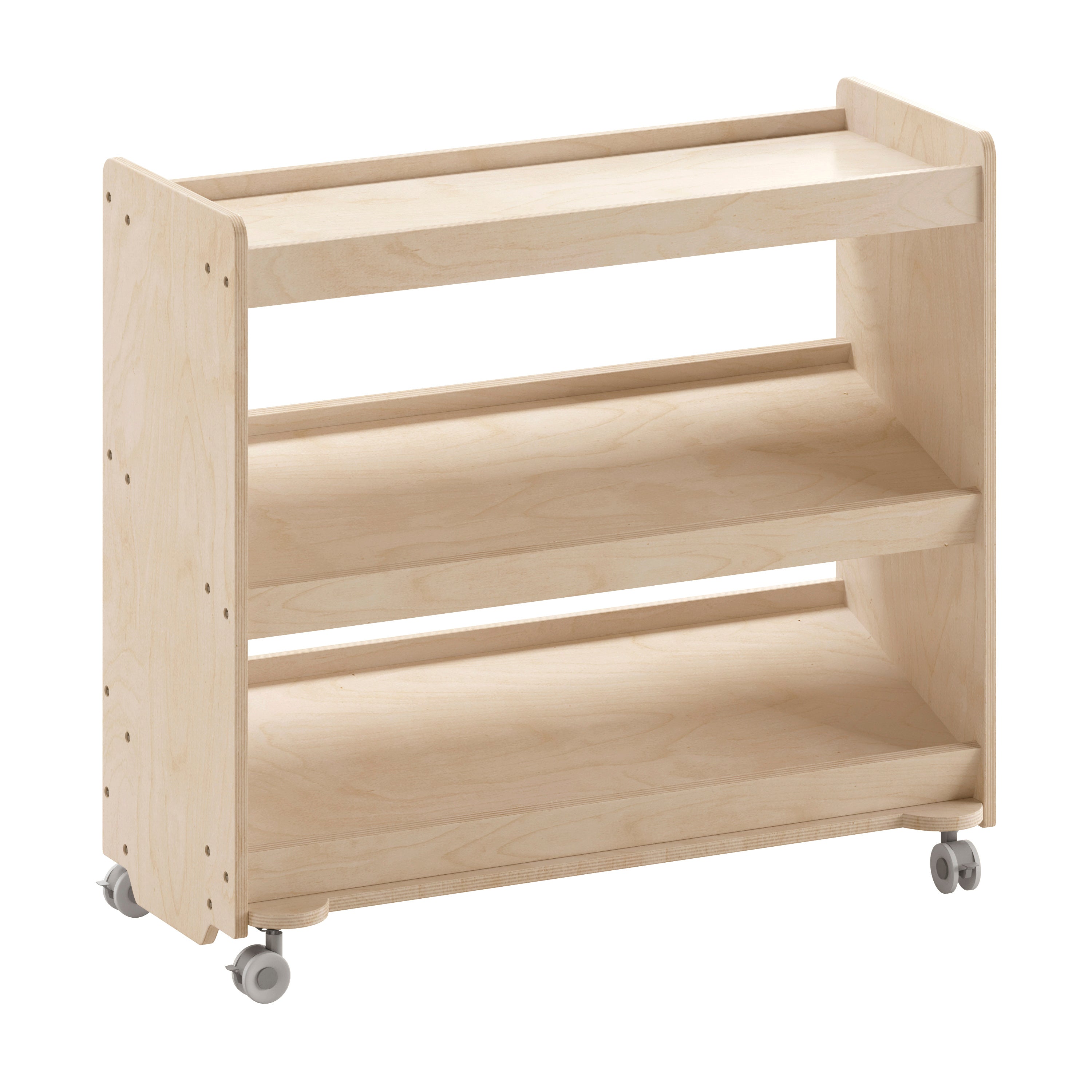 Bright Beginnings Commercial Space Saving Wooden Mobile Classroom Storage Cart, 3 Angled Shelves, Locking Caster Wheels, Kid Friendly Design, Natural