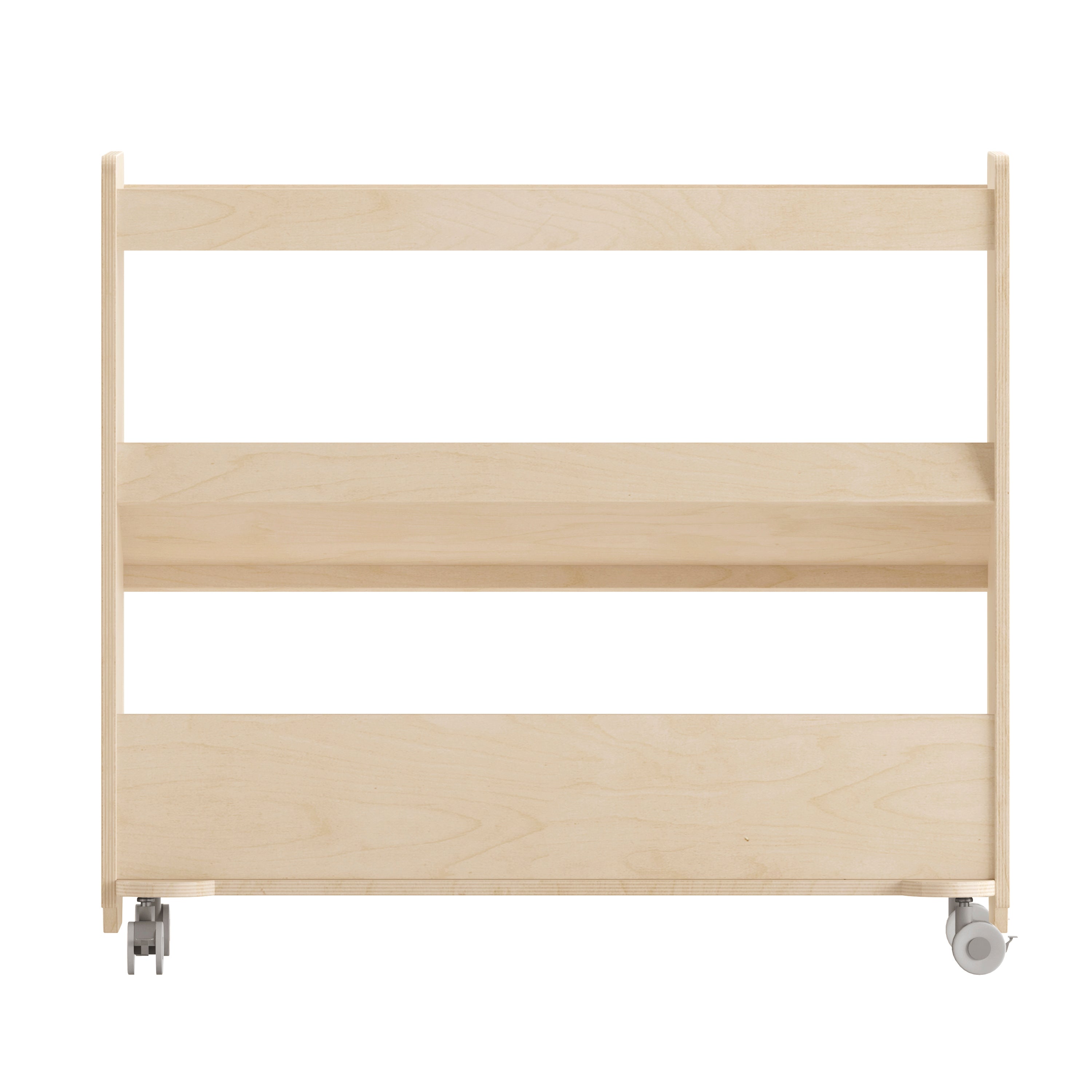 Bright Beginnings Commercial Space Saving Wooden Mobile Classroom Storage Cart, 3 Angled Shelves, Locking Caster Wheels, Kid Friendly Design, Natural