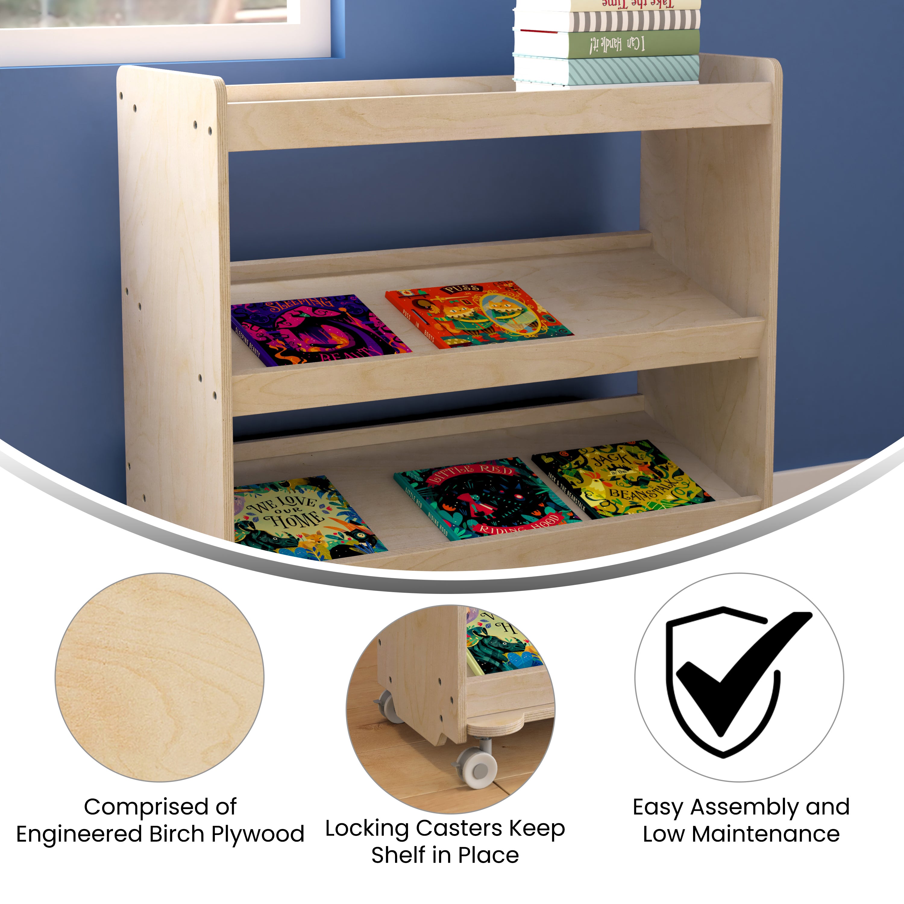 Bright Beginnings Commercial Space Saving Wooden Mobile Classroom Storage Cart, 3 Angled Shelves, Locking Caster Wheels, Kid Friendly Design, Natural