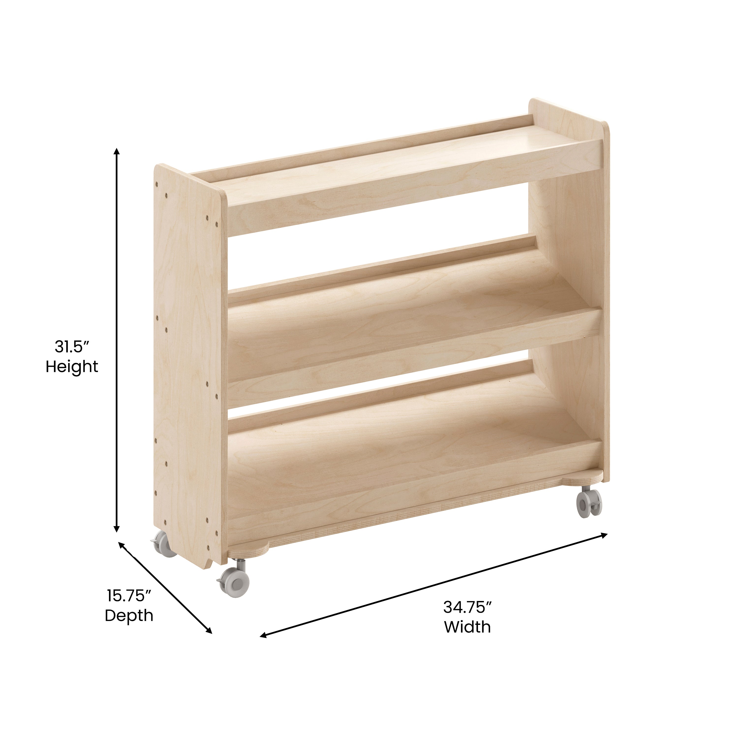 Bright Beginnings Commercial Space Saving Wooden Mobile Classroom Storage Cart, 3 Angled Shelves, Locking Caster Wheels, Kid Friendly Design, Natural