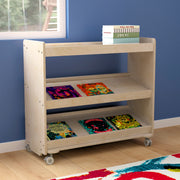 Bright Beginnings Commercial Space Saving Wooden Mobile Classroom Storage Cart, 3 Angled Shelves, Locking Caster Wheels, Kid Friendly Design, Natural