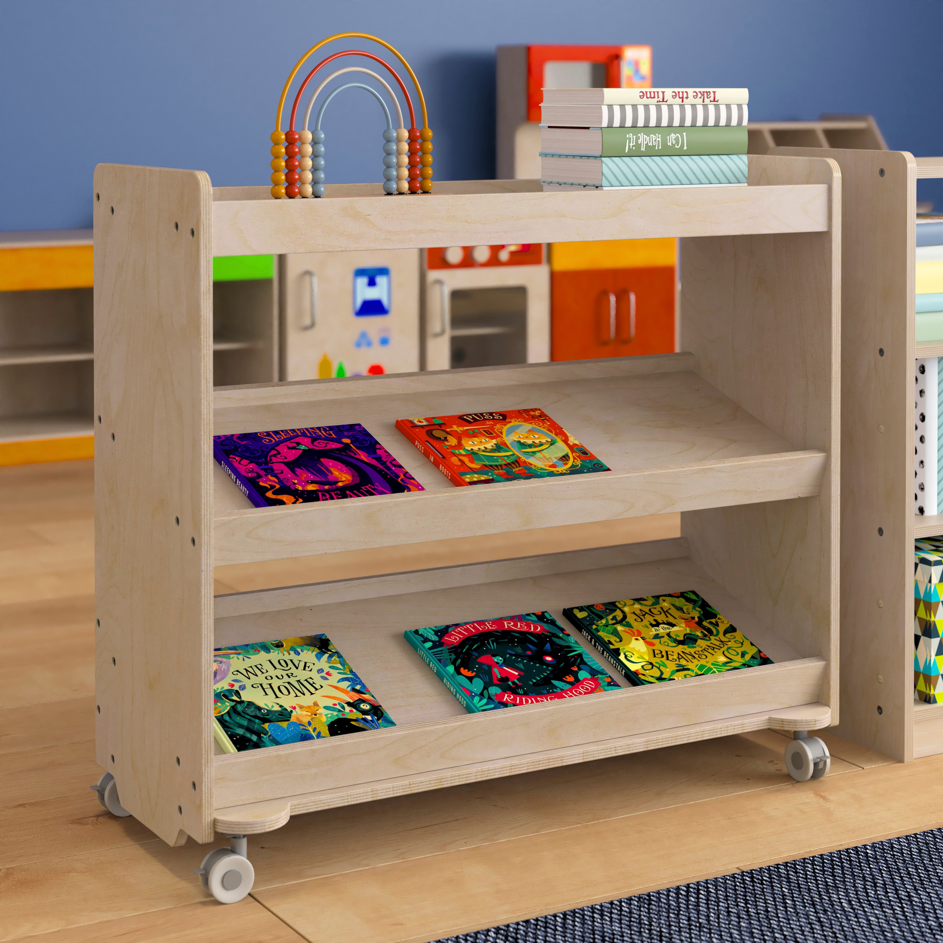 Bright Beginnings Commercial Space Saving Wooden Mobile Classroom Storage Cart, 3 Angled Shelves, Locking Caster Wheels, Kid Friendly Design, Natural