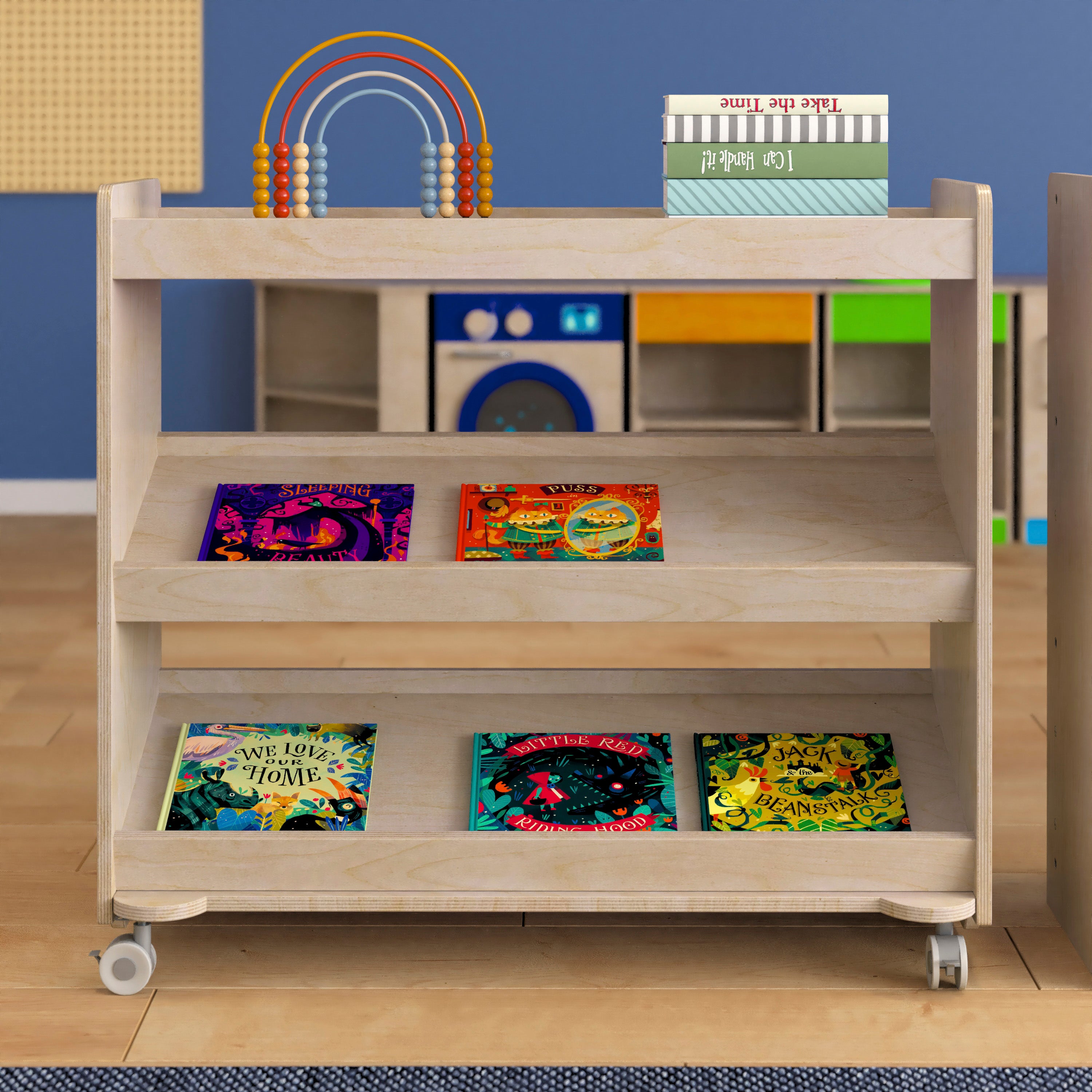 Bright Beginnings Commercial Space Saving Wooden Mobile Classroom Storage Cart, 3 Angled Shelves, Locking Caster Wheels, Kid Friendly Design, Natural